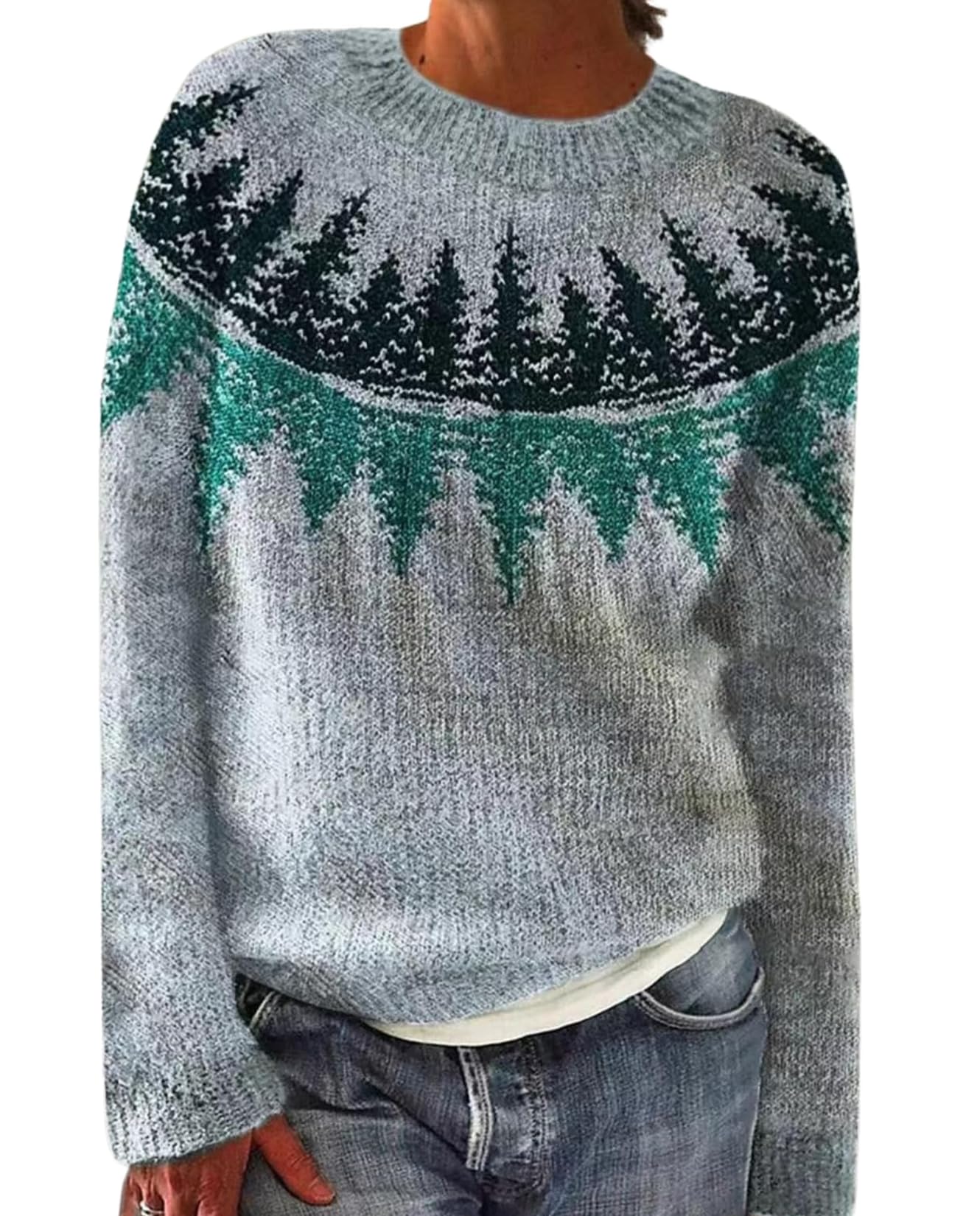 Fair Isle Sweater for Womens Winter Long Sleeve Vintage Knitted Sweater Casual Fall Crew Neck Pullover Sweaters