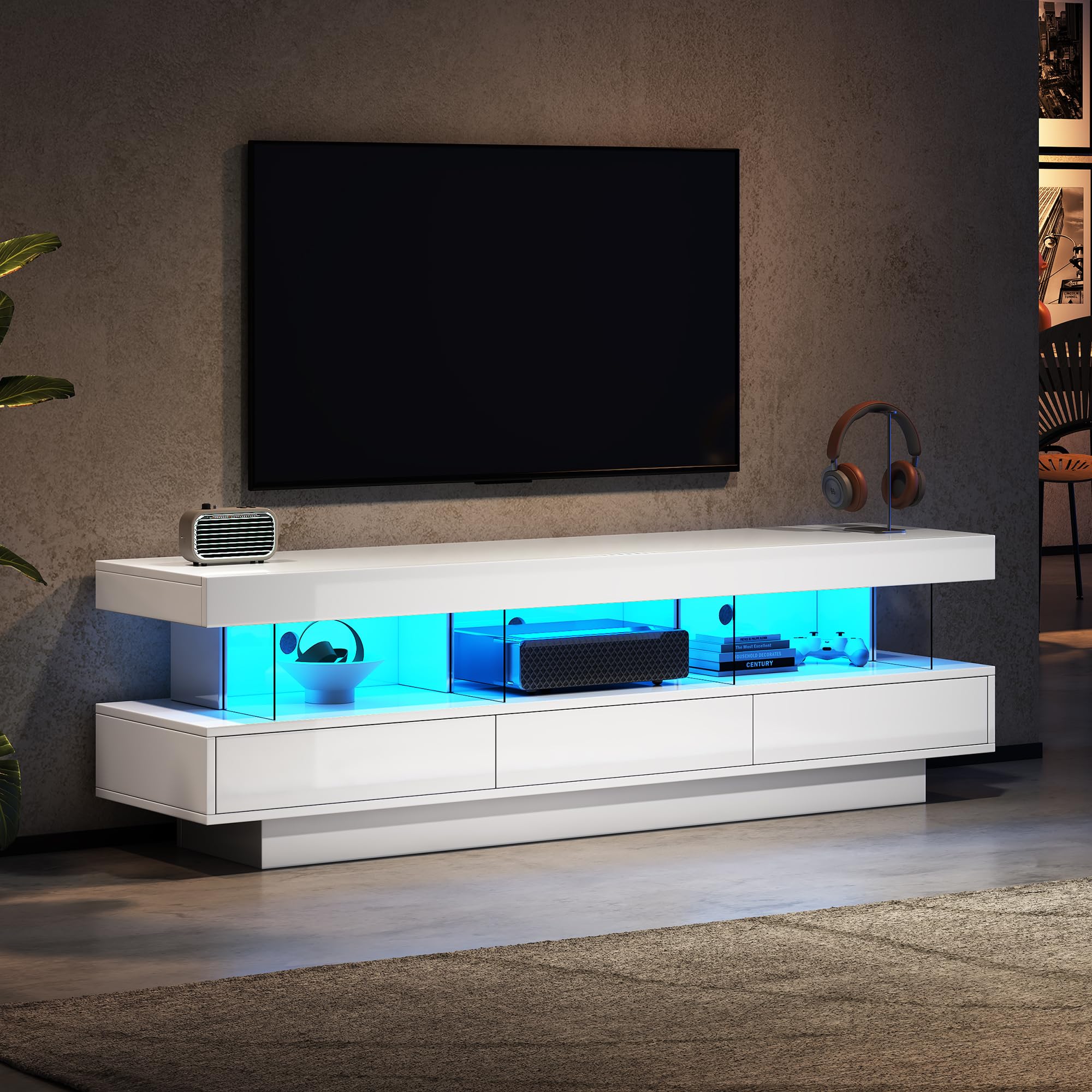Jaxenor 160cm High Gloss TV Cabinet with 3 Drawers and 3 Open Storage Space, TV Stand Cabinet with LED Lights, Modern Entertainment Unit for Living Room, White
