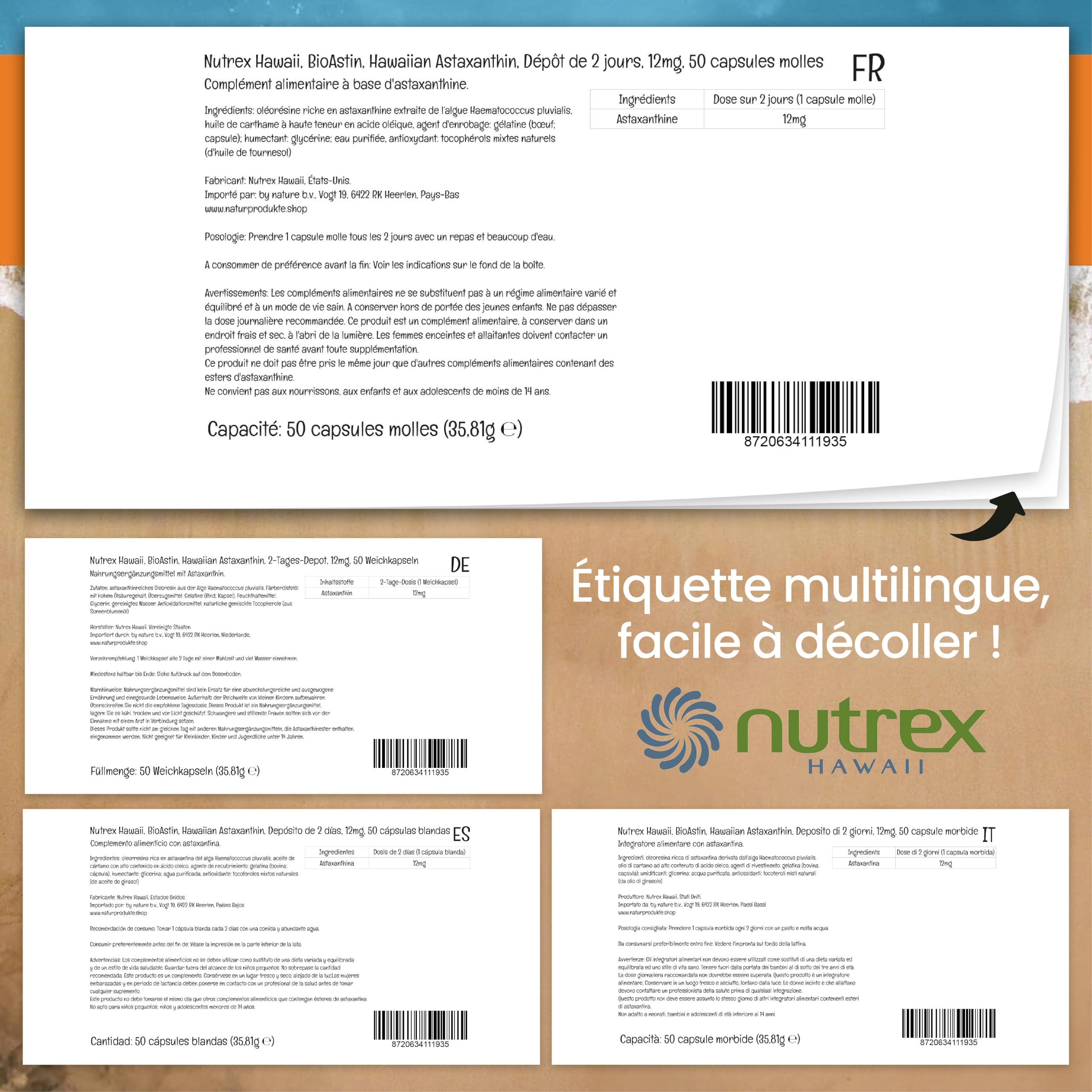 Nutrex Hawaii, BioAstin, Hawaiian Astaxanthin, 12 mg, Dépôt de 2 Jours, 50 Gélules molles, Testées en Laboratoire, Vitamine E, Sans Gluten, Sans Soja, Sans OGM
