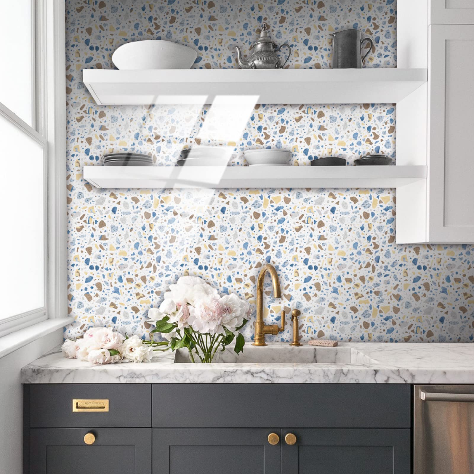Piastrelle Adesive Cucina Modello Macchiato Marrone Blu Pavimento pvc Adesivo Mobili Decorazioni Piastrelle Adesive Bagno Impermeabile Resistenza all'olio Mattonelle Adesive