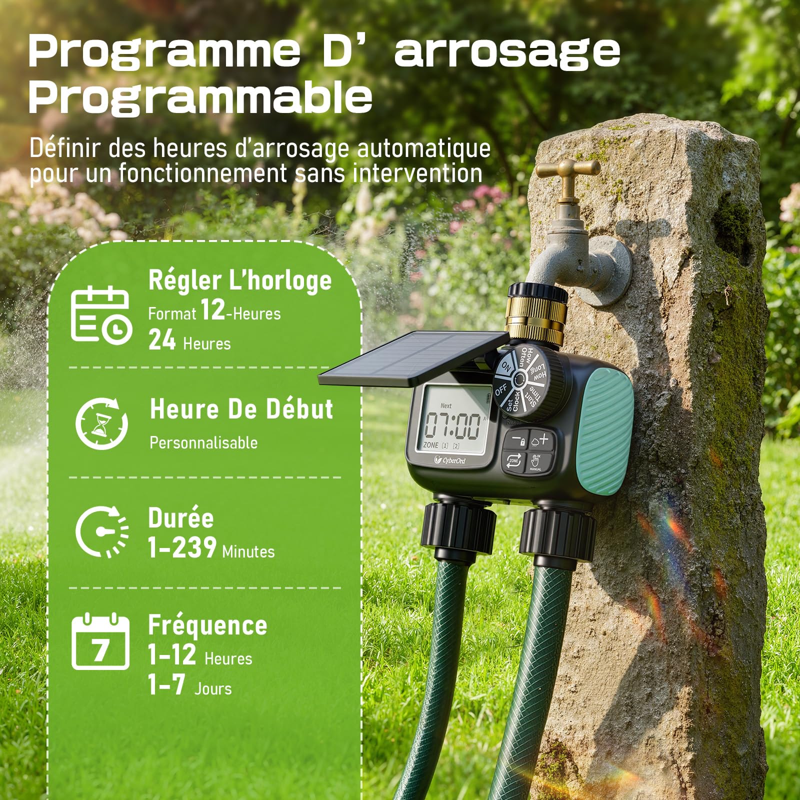 Programmateur d'arrosage Solaire CyberOrd 2 Zones, Arrosage Automatique pour Jardin avec Charge Solaire, Minuteur Arrosage Automatiquee avec Modes Auto/Manuel/Délai de Pluie pour Pelouse/Patio/Jardin
