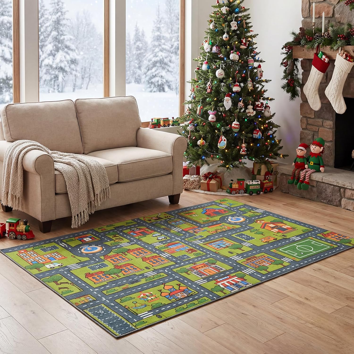 Merelax 3x5 Kids Car Area Rug, Grey Green Area Road Rugs for Living Room Playroom Classroom Bedroom, Non Slip Kids Play mat, Washable Rug, Educational City Traffic Map Fun Car Carpet for Ages 3-12