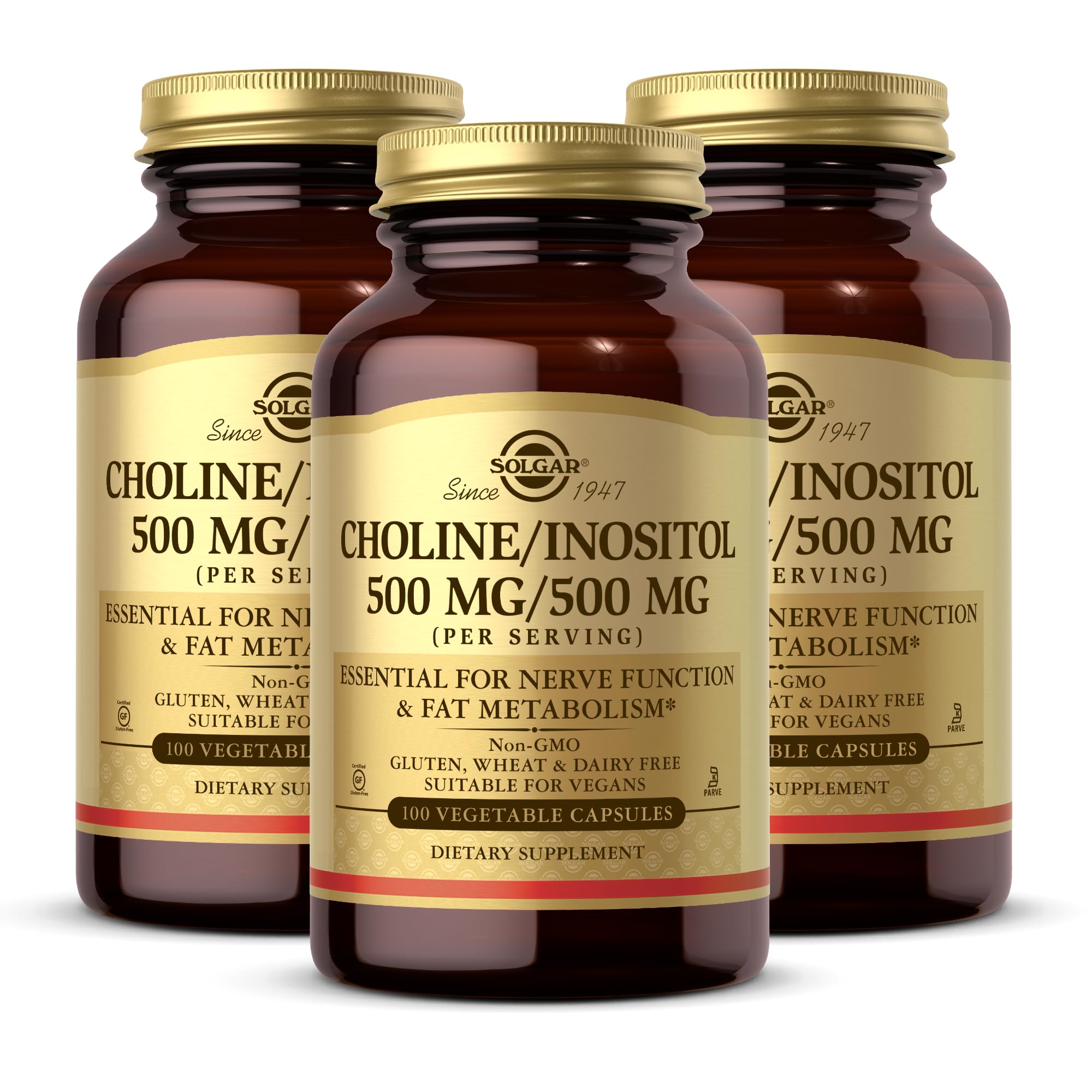 Solgar Choline/Inositol 500 mg/500 mg, 100 Vegetable Capsules (Pack of 3) - Energy Metabolism, Liver Health, Essential for Brain & Nerve Function - Non-GMO, Vegan, Kosher - 150 Total Servings