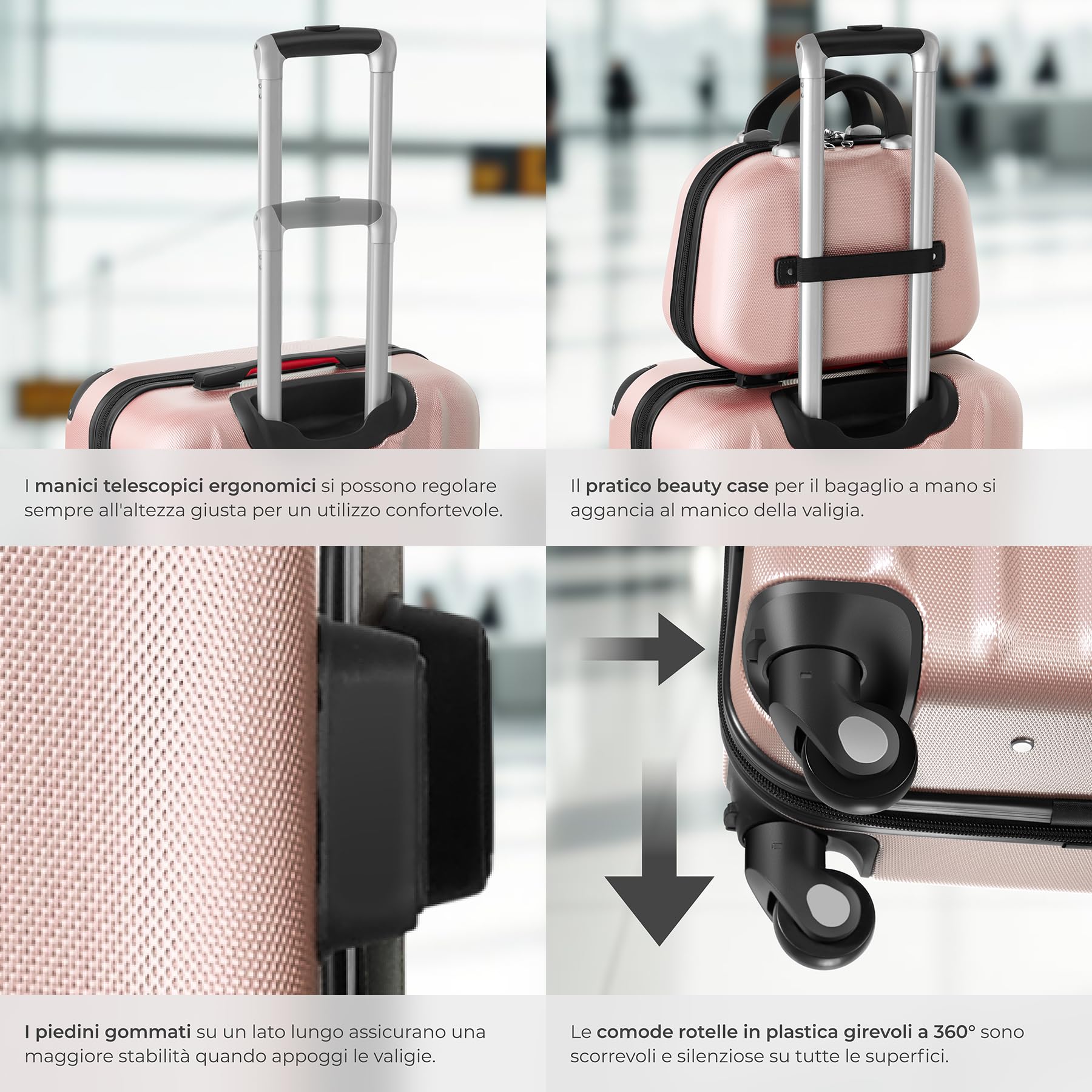 tectake® Set Valigie Pucci, Set di Valigie con Rotelle Girevoli a 360°, Beauty Case Incluso, Trolley da Viaggio, Serratura di Sicurezza, Adatto per Tutti i Tipi di Viaggi - Rosa Dorato