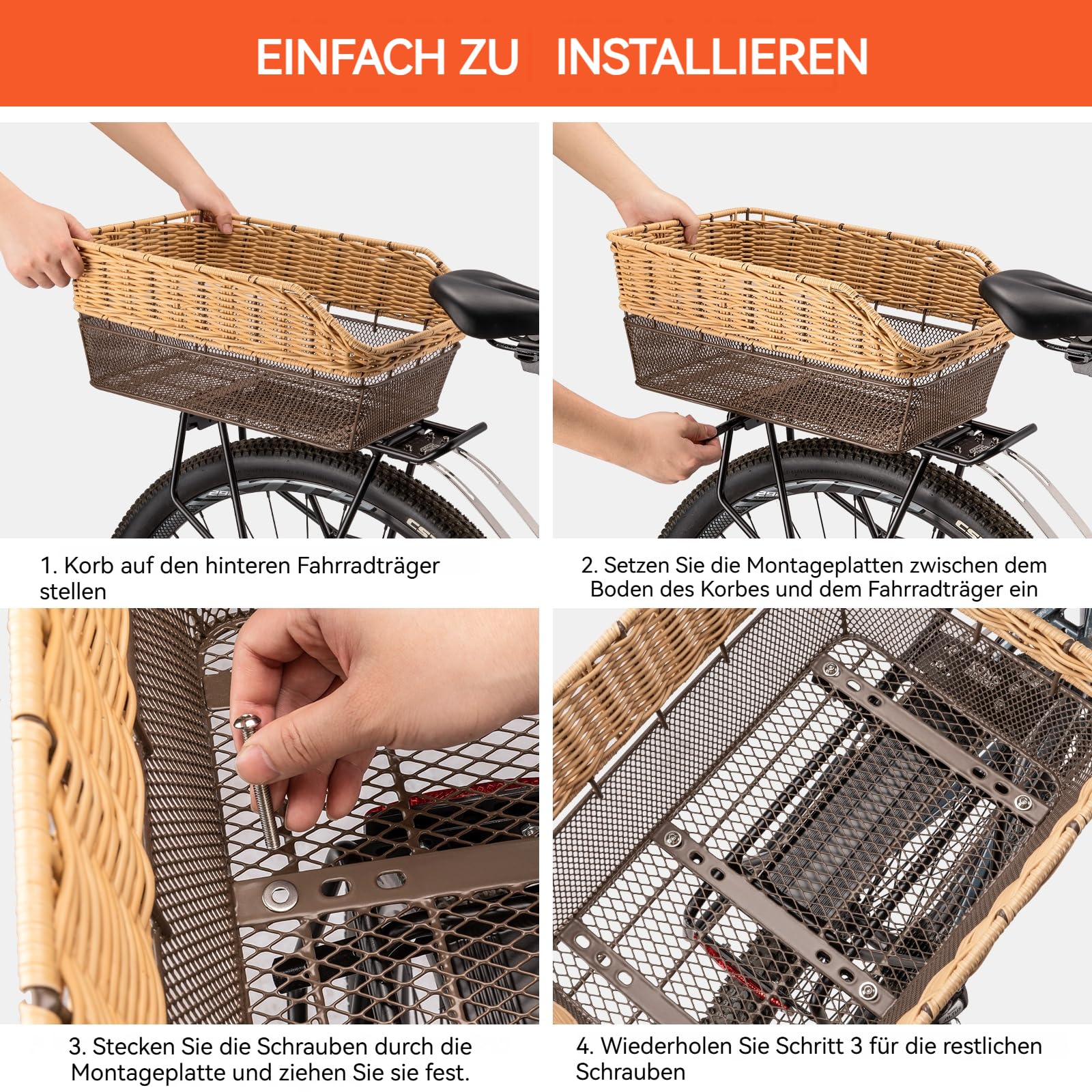 Weave Panier de vélo arrière de 25 l, avec capacité de charge jusqu'à 20 kg, socle en métal, sac d'école, panier pour courses, résistant aux intempéries, ne rouille pas, vélo électrique, vélo