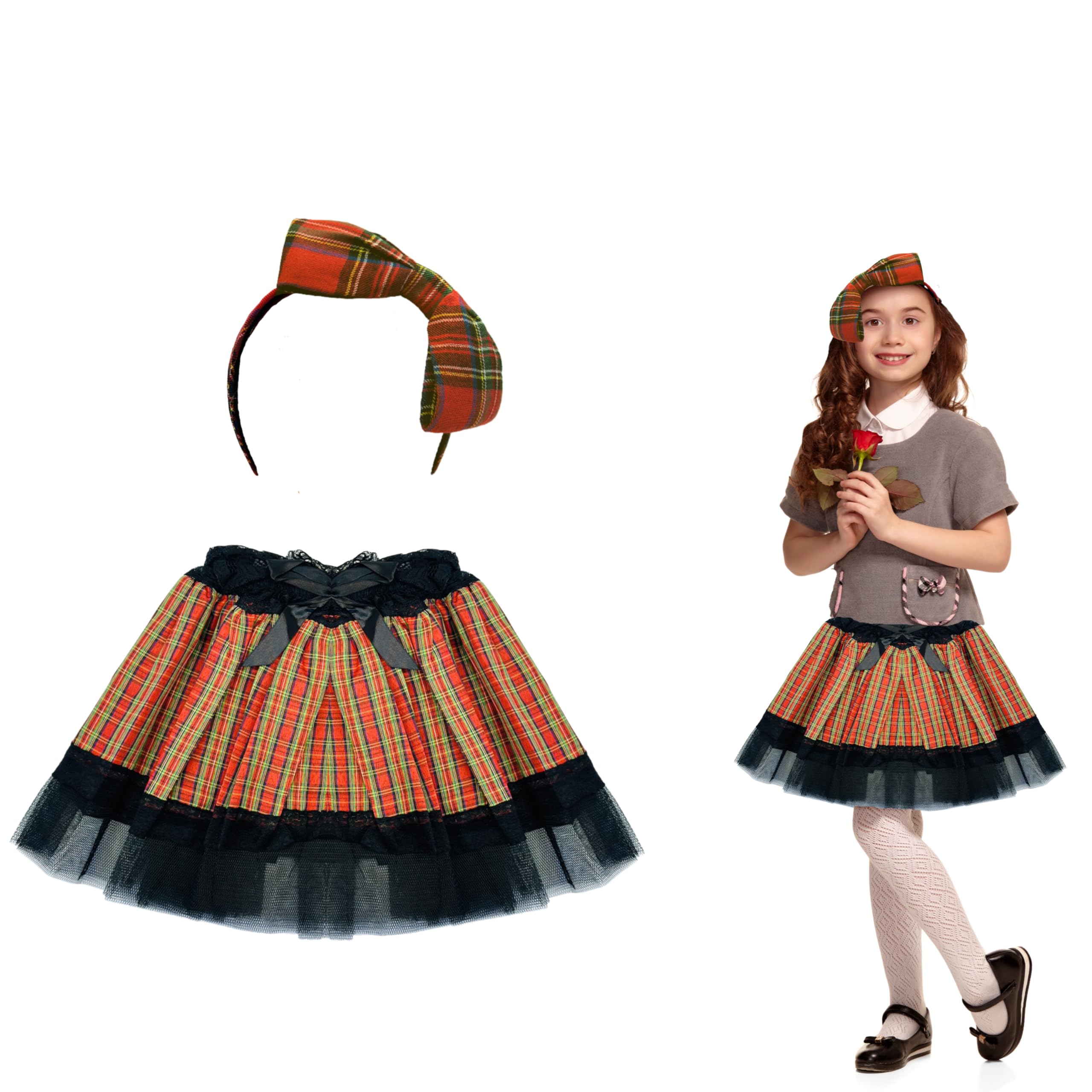 Lizzy Girls Red Kids Tartan Tutu With Lace Trimming With Bow Headband | 12" Length Tartan Pleated Tutu Skirt Scotland Scottish Goth Punk Mini Burns Night Fancy Dress Outfit Accessories