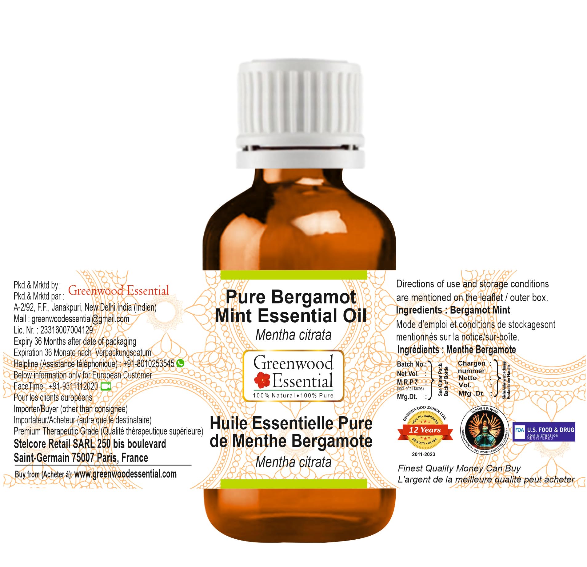 Greenwood Essential Naturreine Ätherisches Bergamotte-Minze-Öl (Mentha citrata) Dampfdestilliert 50ml (1.69 oz)