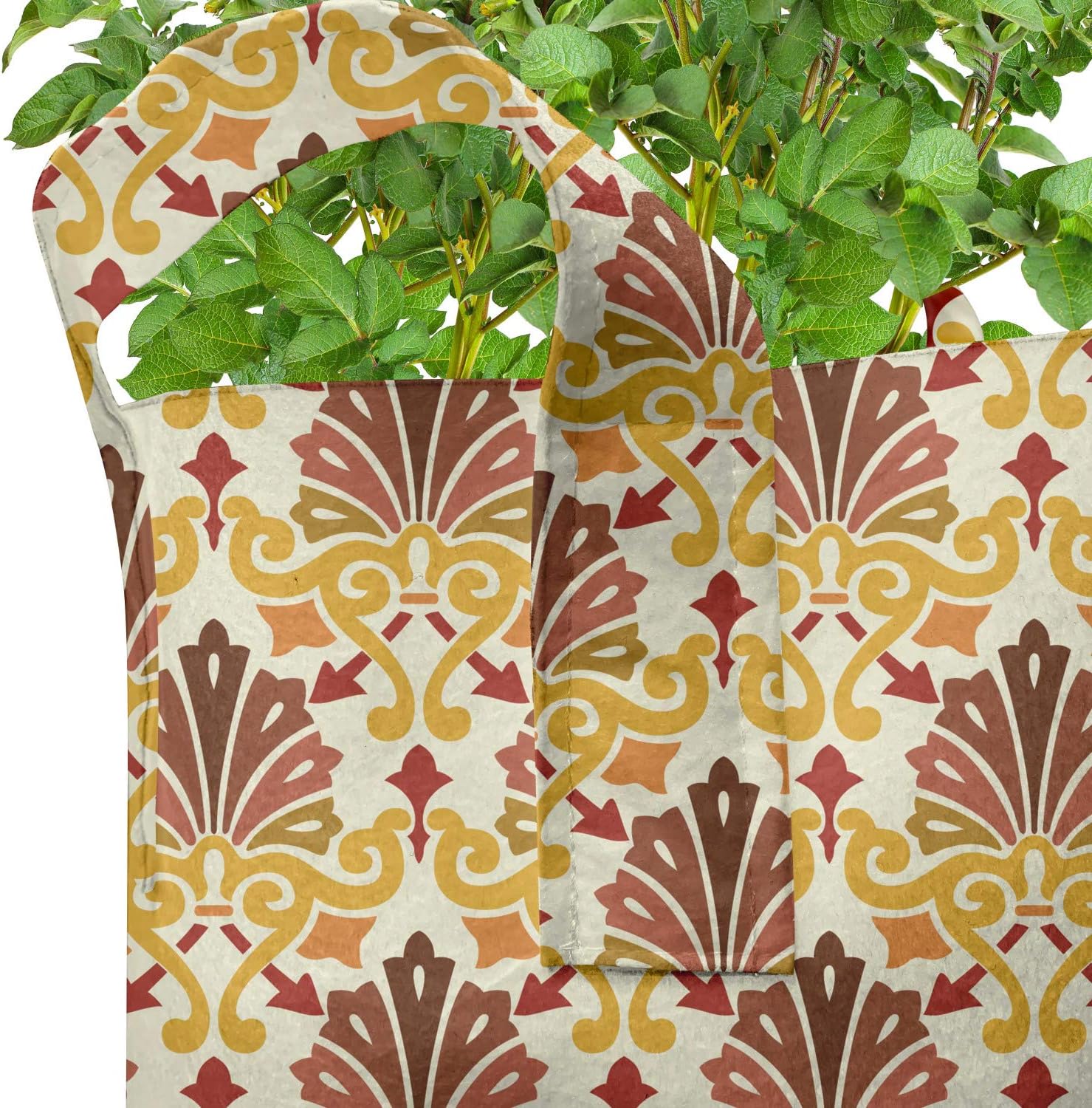 Ambesonne Damask Grow Bags 5-Pack, Victorian Rococo Pattern, Heavyduty Fabric Pots with Handles for Plants, Off White and Multicolor