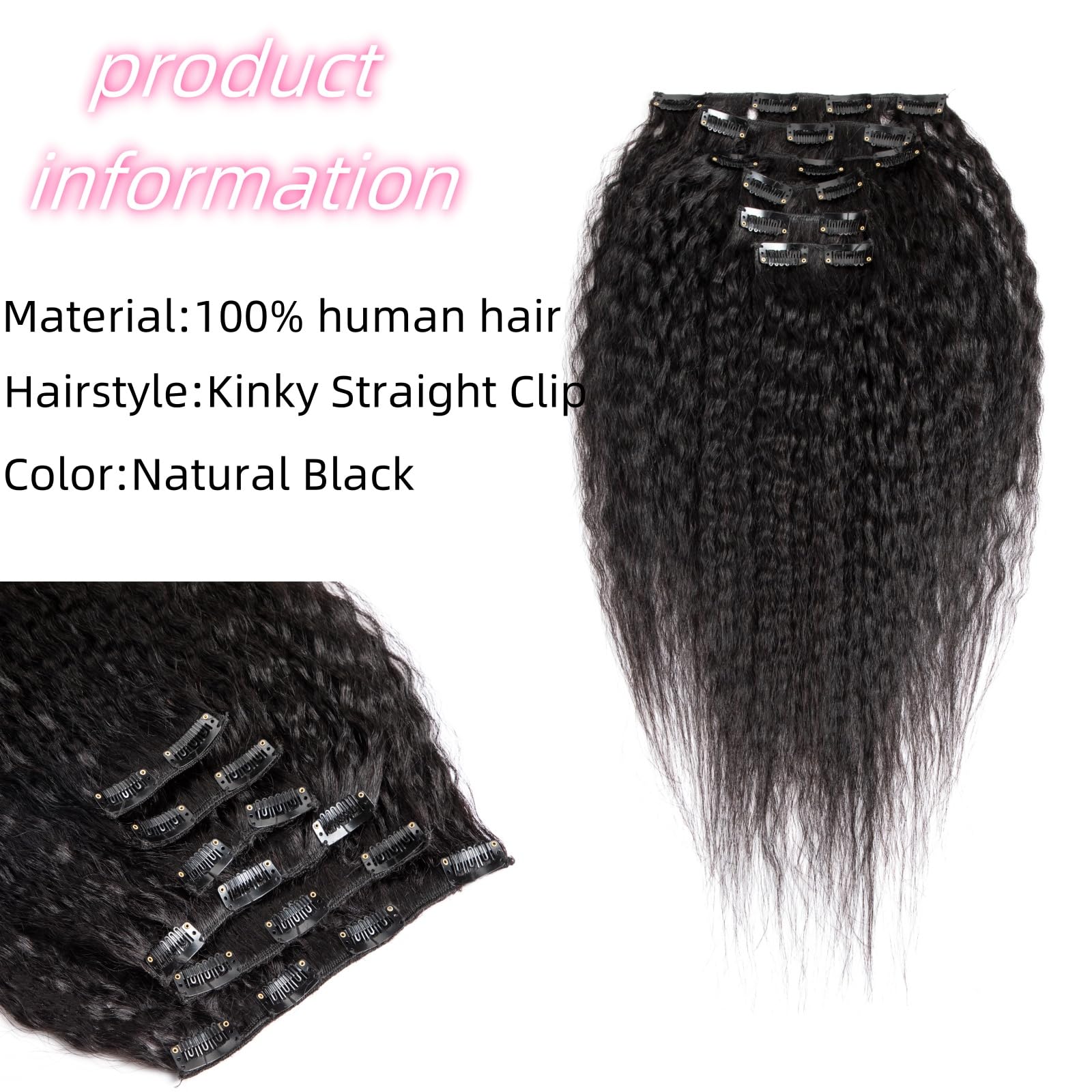 26 Inch Kinky Straight Clip in Hair Extensions Real Human Hair for Black Women Full Head 8A Brazilian Real Hair Yaki Human Hair Clip ins Natural Color 6 pcs 16 clips - Image 3