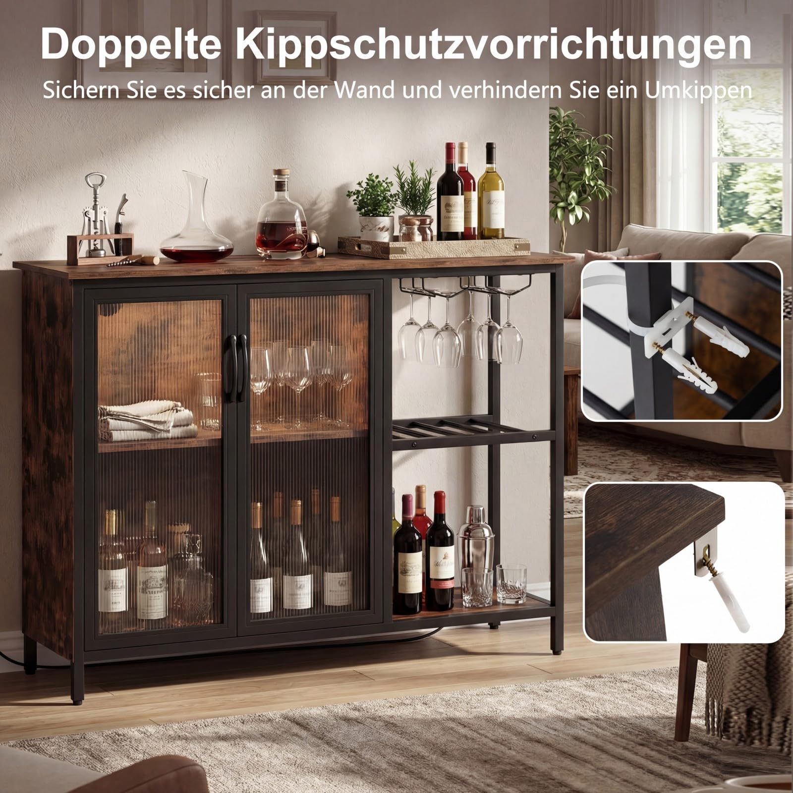 COSTWAY Weinschrank mit LED-Beleuchtung, Barschrank mit Weinregalen, Glashalter, Glastür & Steckdosen, Sideboard mit Metallrahmen, Buffetschrank industriell für Küche, Esszimmer, 110 × 35 × 82 cm