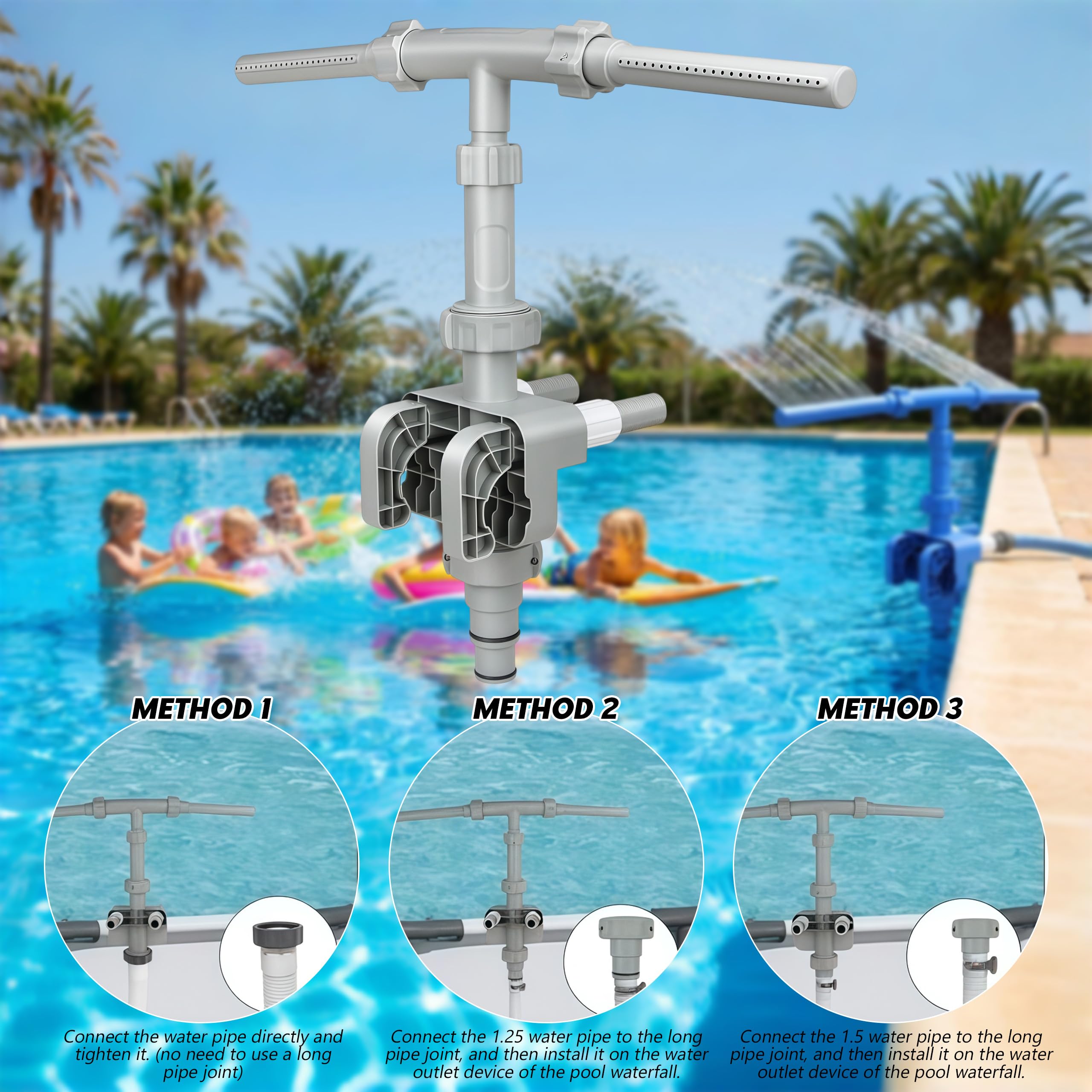 Pool Wasserfall Brunnen Für Aufstellpools, 360° Verstellbarer Dual-Mode Wasserfall-Poolsprinklerbrunnen, Druck- und höhenverstellbares Poolzubehör für Bodenpools(Grau)