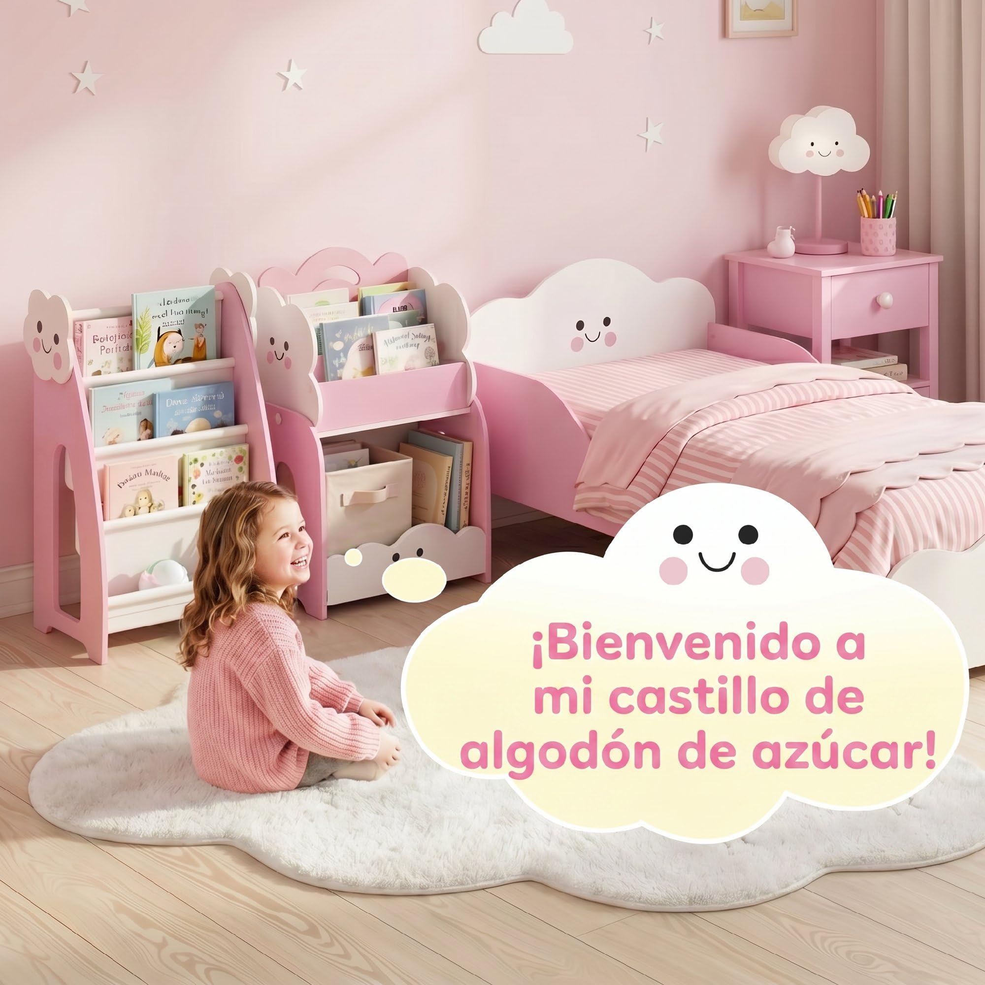 AIYAPLAY Estantería Infantil para Juguetes 3 en 1 85,5x32x72 cm Rosa | Organizador de Juguetes con Librería, Revistero y Mesita de Noche, para Niños 3-8 Años, para Dormitorio, Sala de Juegos