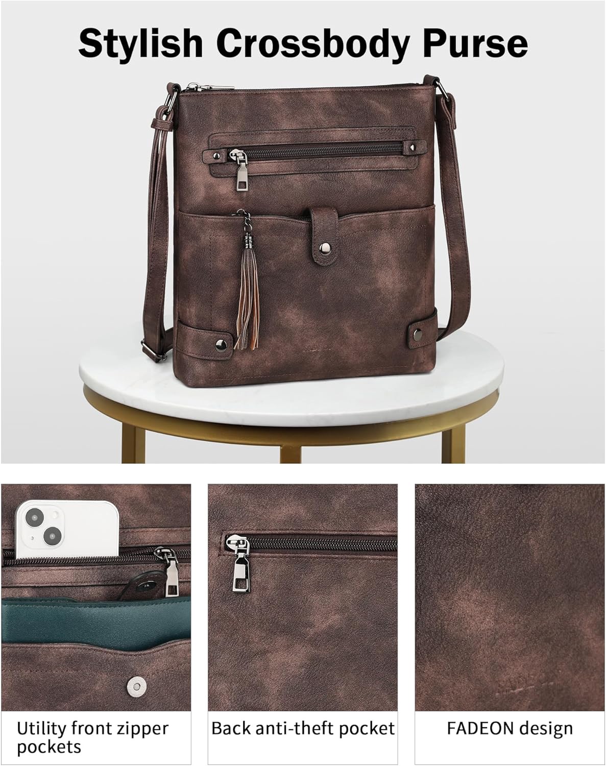 FADEON Crossbody Purses for Women Crossbody Bag, Designer Multi Pockets Shoulder Travel Purses with Tassel - Image 5