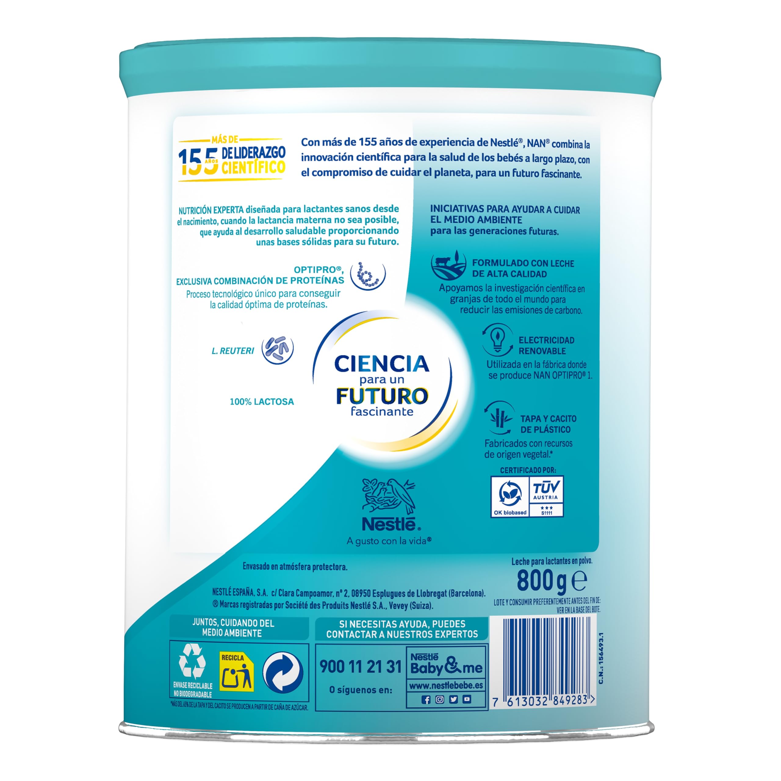 Nestlé NAN OPTIPRO 1 Leche para lactantes, leche de formula desde el primer día, Leche en Polvo, bote de 800g