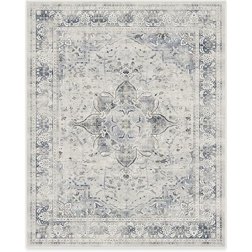 RUGGABLE Washable Vintage Area Rug – Sarrah Blue Quartz 8x10, Stain-Resistant, Non-Slip – Large Machine Washable Rugs for Living Room, Bedroom, Hallway, Entryway & Office–with Standard Pad
