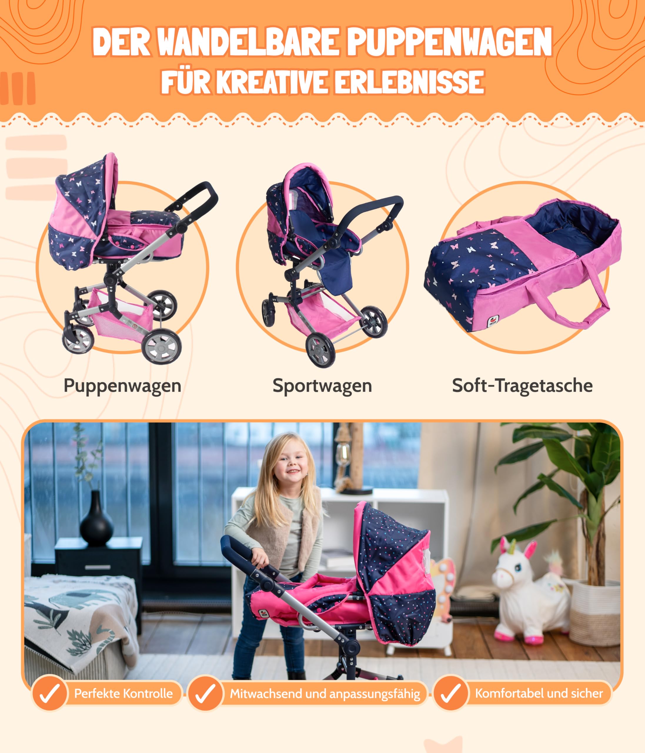 Bayer Chic 2000 587-33 Wózek dla lalek Jara, 2 w 1, dla dzieci w wieku od 4 do 8 lat, Butterfly, granatowo-różowy