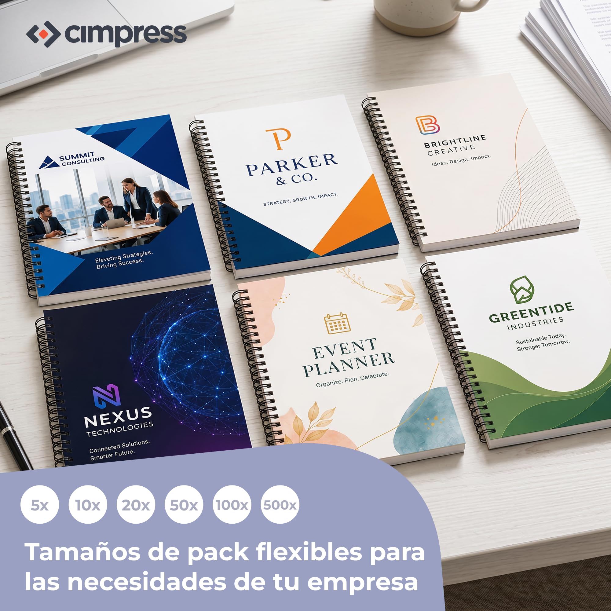 Cuaderno A5 personalizable, logotipo o texto, Cuadriculado, 10 unidades | Cubierta brillante 300 g/m², 160 páginas papel 90 g/m², espiral, ideal para reuniones, formación y regalos de empresa
