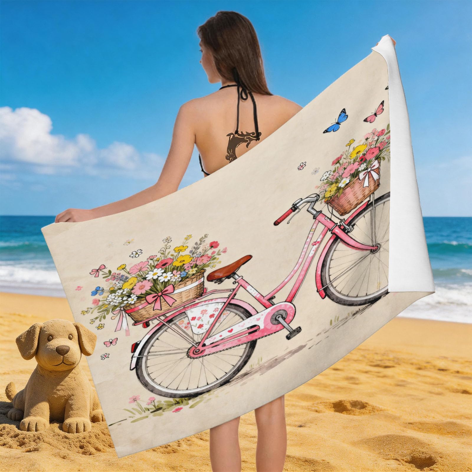 Leichong 3D Vintage Bicycle Beach Towel Large Microfiber Soft Quick Dry for Adults, Romantic Theme Bath Towel Lightweight Soft Absorbent for Travel Swimming Pool Sports, 180 x 90 cm