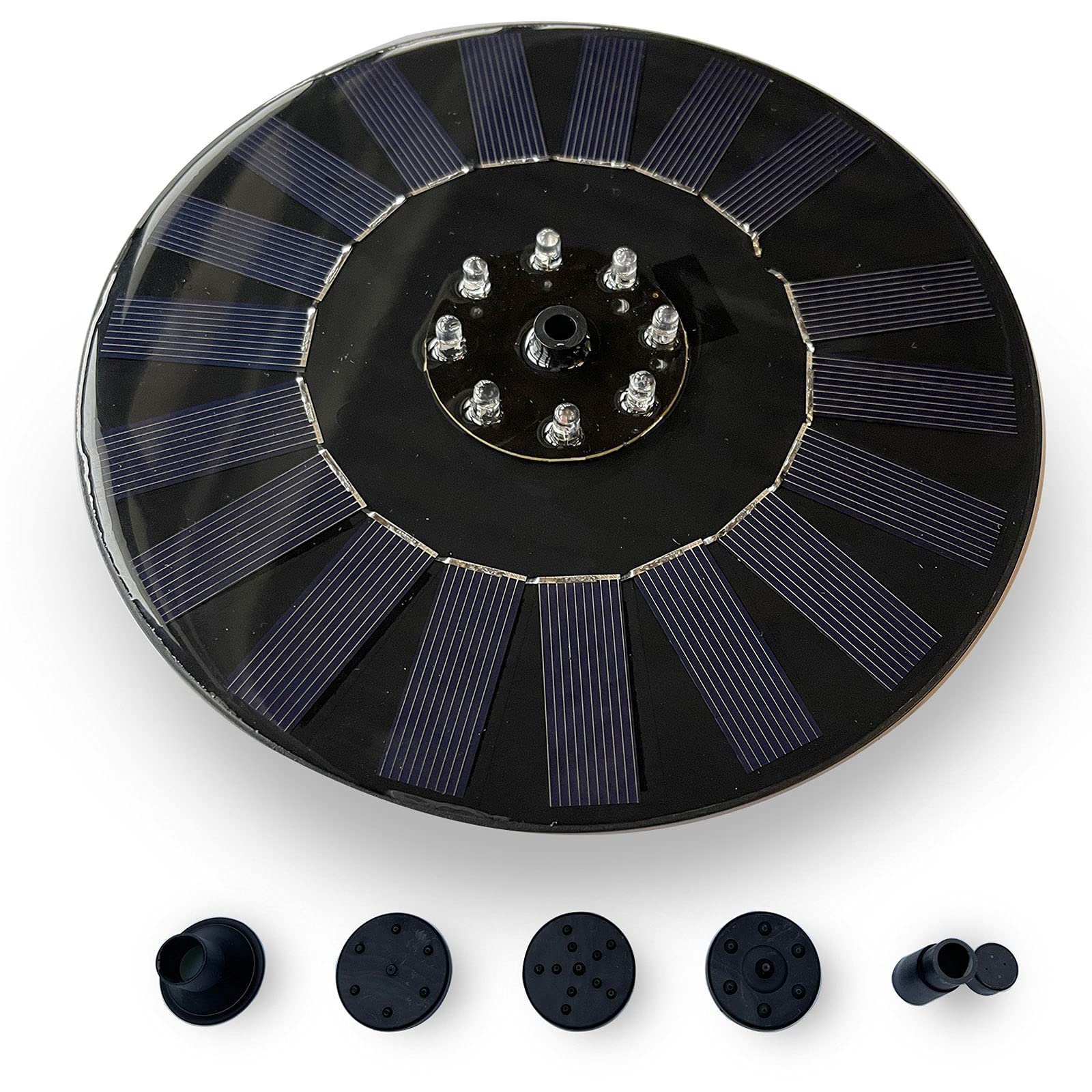 Bomba de fuente solar de 3W para estanque con boquillas regulables e iluminación nocturna LED