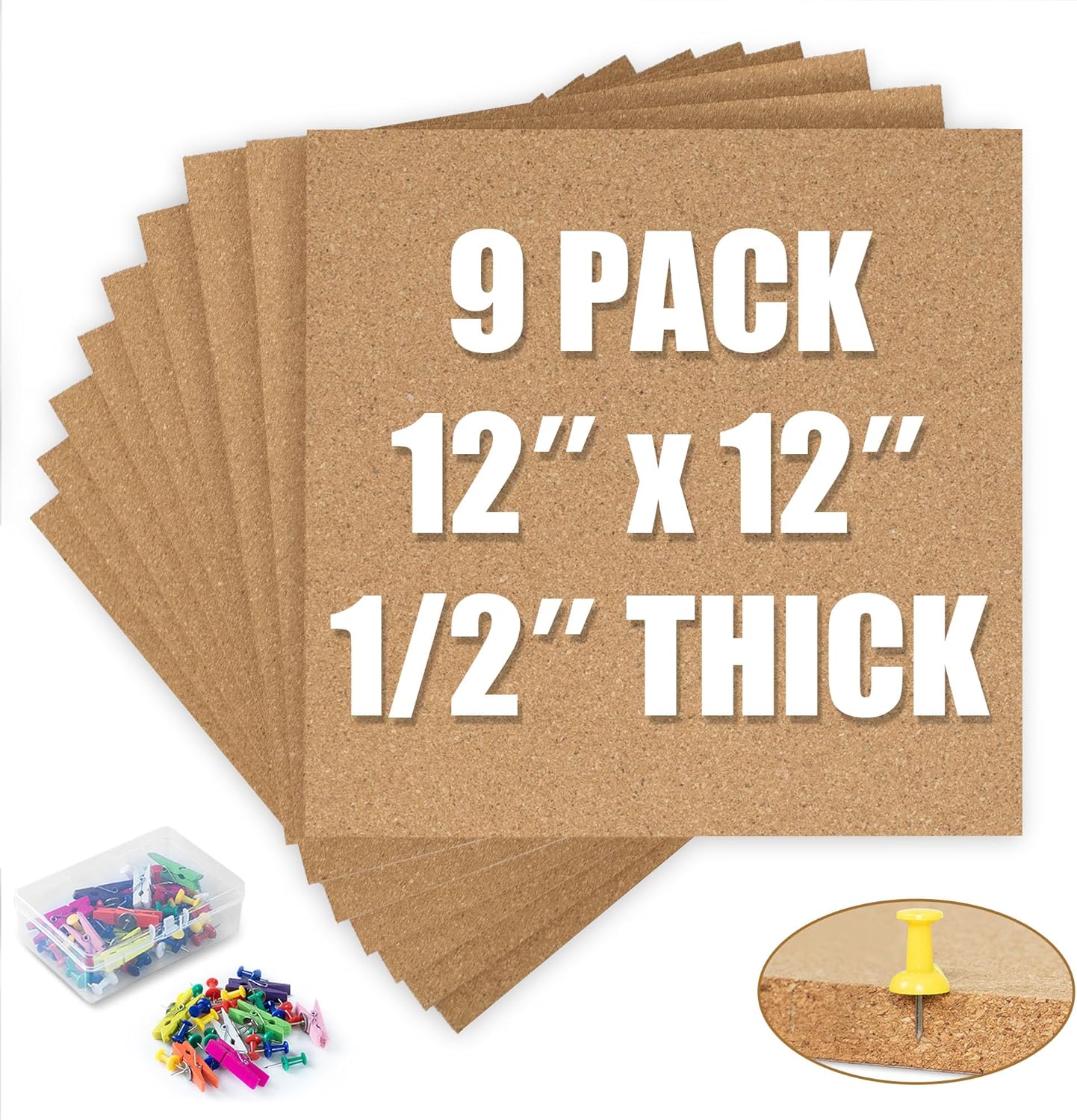 AKTOP Cork Board Bulletin Board 12x12, 1/2" Thick Cork