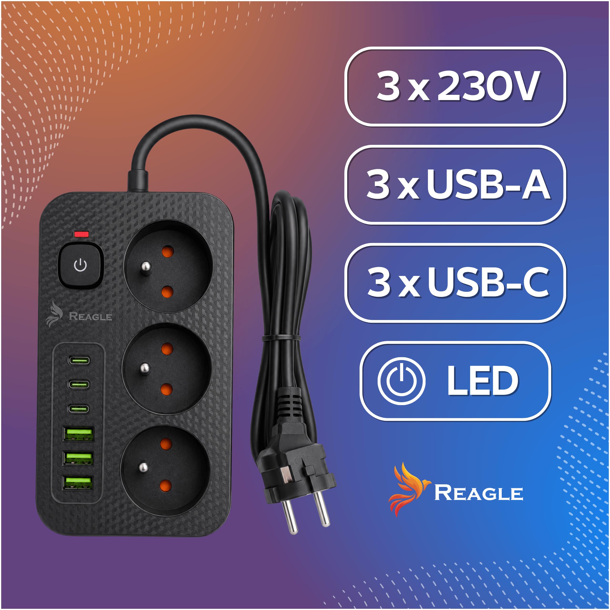Reagle Listwa Zasilająca 3 Gniazda 230V z 6 USB, 3x USB-A 3x USB-C, Przedłużacz 3M z Podświetlanym Włącznikiem, 2500W, Czarna, do Domu Biura