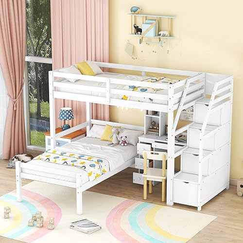 Miniatura 3 de Cama alta con escritorio y escaleras litera individual sobre individual con cajones de almacenamiento y estantes de madera convertibles con