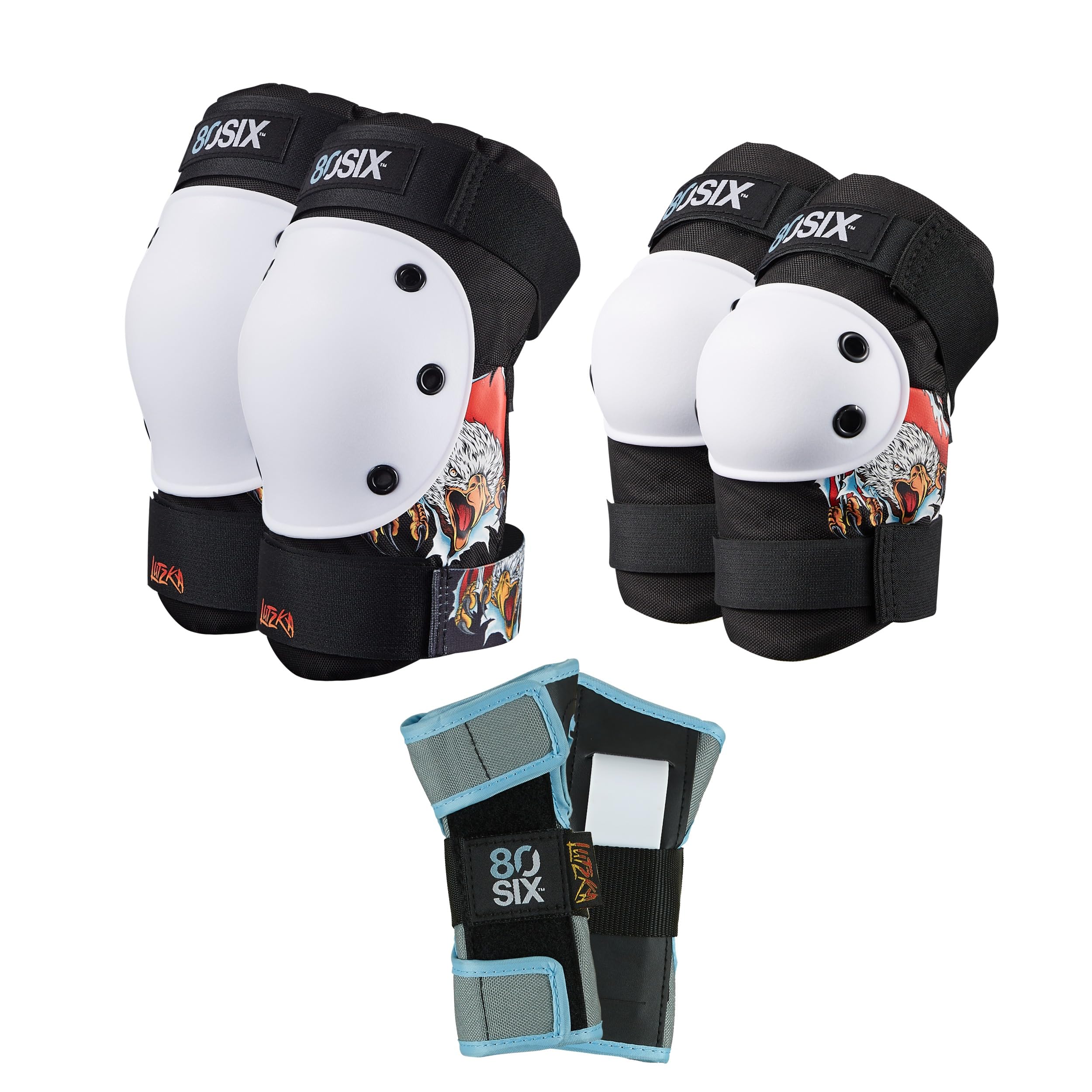 80SIX Kids & Adults Knee Pads Elbow Pads Wrist Guards 6 in 1 Protective Gear Set for Skateboard, Bike, Motorbike, Scooter, Roller Skates, Inline Skates & BMX, Greg Lutzka Signature Edition Black S/M