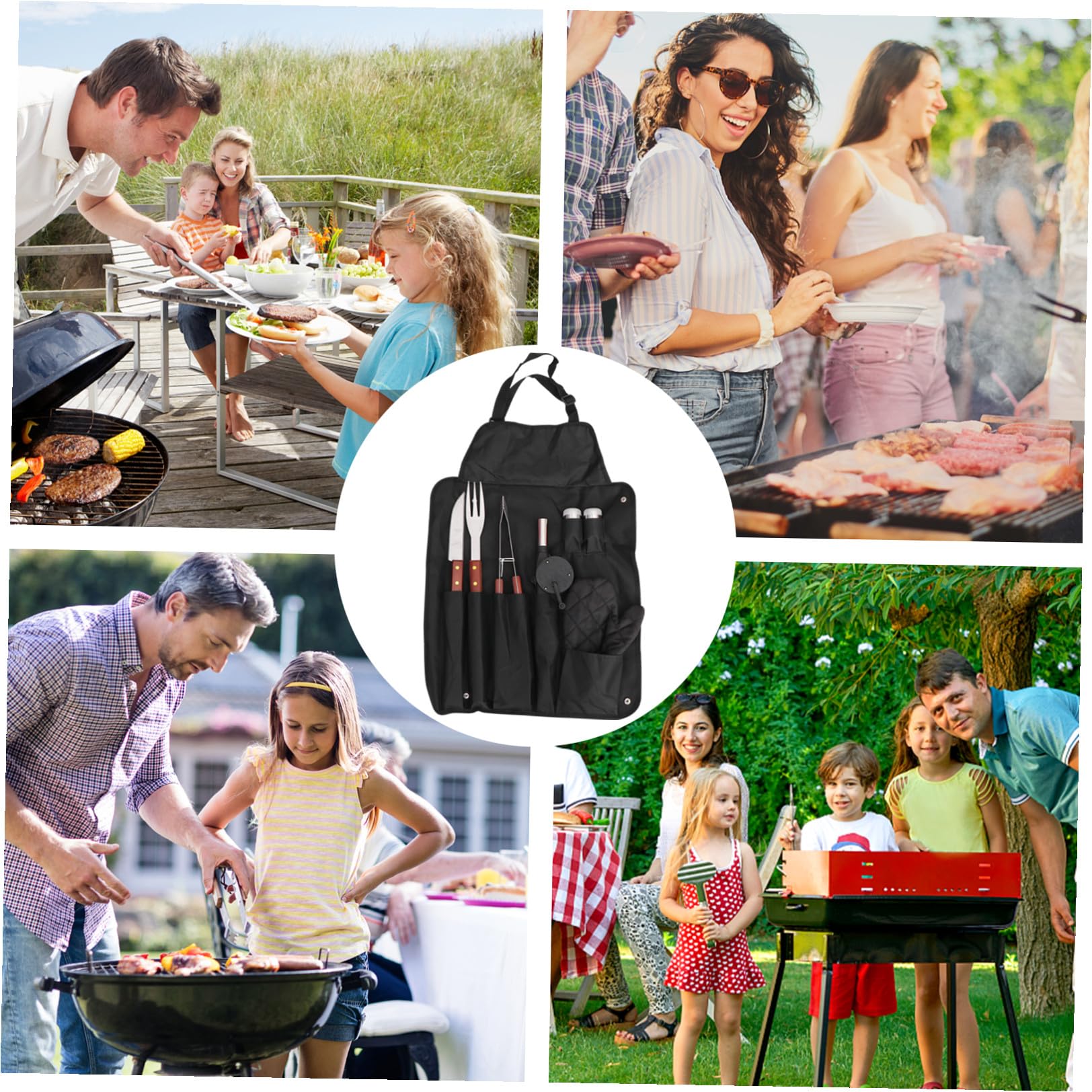 8 Stück Grillbesteck mit Holzgriff, Schwarz, mit Schürze | Edelstahl und Holz, Fixiergurte für Ordnung, Inklusive Aufbewahrungstasche für Outdoor und Bbq Party
