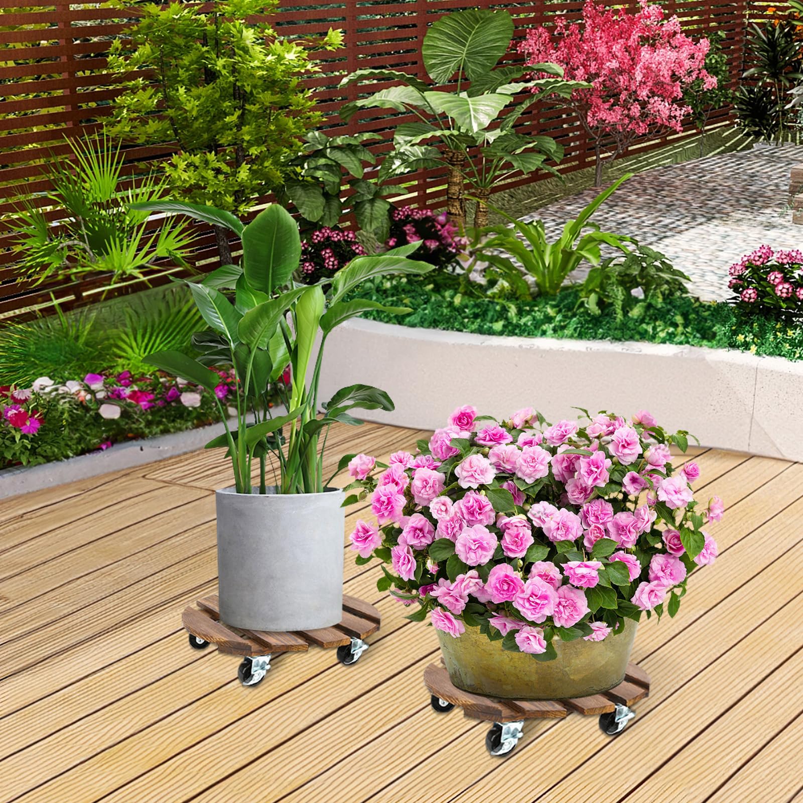 Porte Plante a roulettes, Lot de 2 Supports de Pots de Fleurs à roulettes Ø 300 mm, Support Plante Roulette, Capacité de 100KG, Plateau a Roulette pour Extérieur à Intérieur
