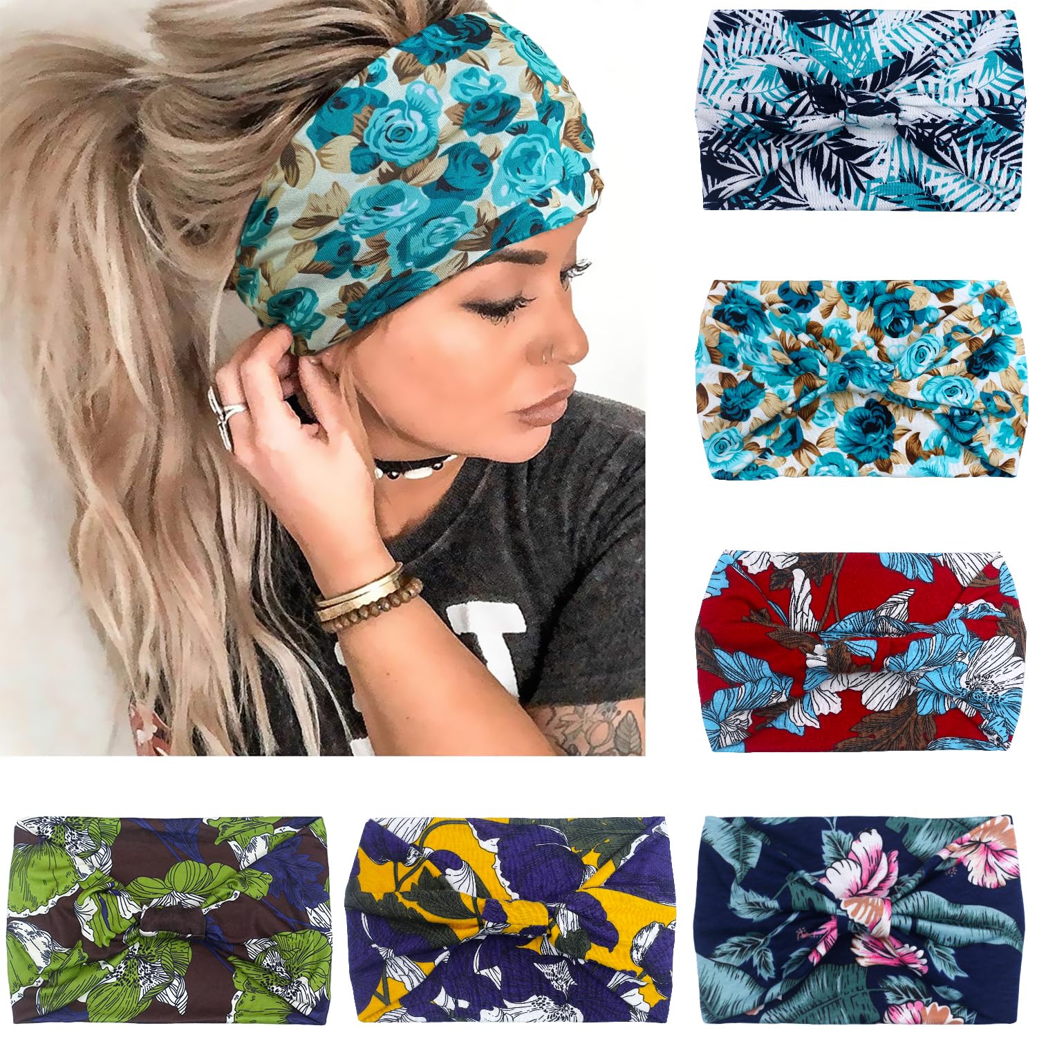 VENUSTE Wide Headbands for Women's Hair, Fashion Knotted Head Bands for Adult Women Hair Accessories 6PCS (Floral)