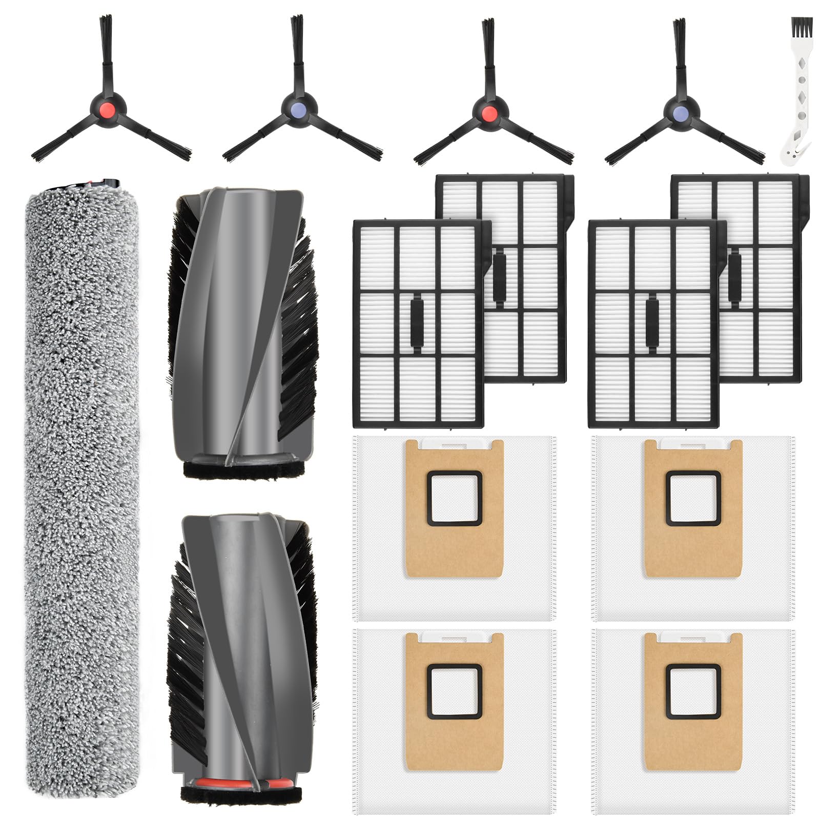 16 Stück Zubehörset für eufy E25 / E28 Omni Saugroboter mit 1 Paar Hauptbürsten, 4 Staubbeutel, 1 Wischrolle, 4 HEPA Filter, 2 Paar Seitenbürsten, 1 Reinigungsbürste