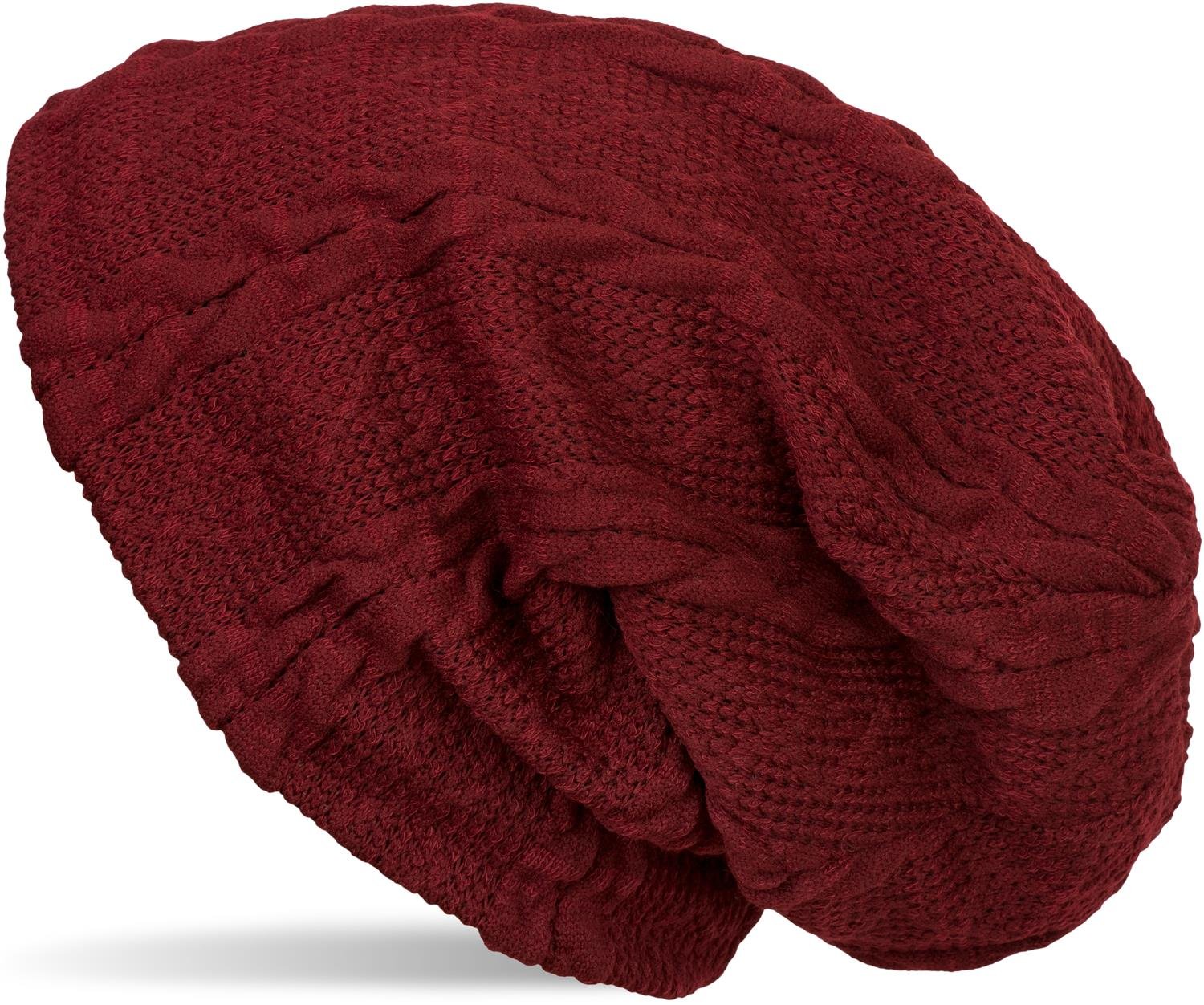 styleBREAKER Warm fine-Knit Beanie with Plait Pattern and Fleece Lining, Slouch Long Beanie, Unisex 04024131, Color:Claret-Red