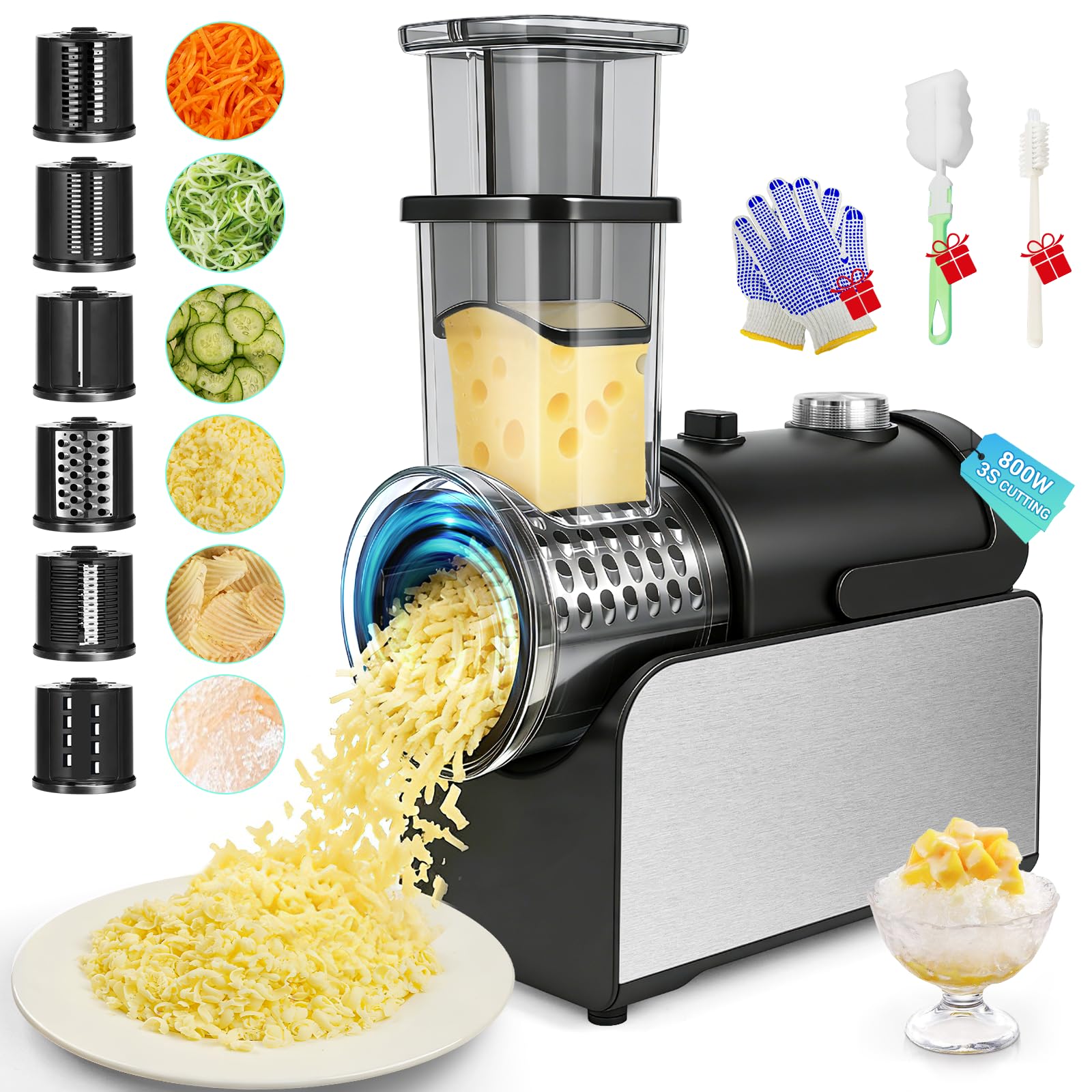 Photo 1 of 6-IN-1 Electric Cheese Grater Stainless Steel, 800W Electric Salad Machine, 3S Efficient Cutting, Electric Cheese Grater for Block Cheese, Potato, Carrot, Cabbage, Fruits, Nuts, Ice Shaved?White?