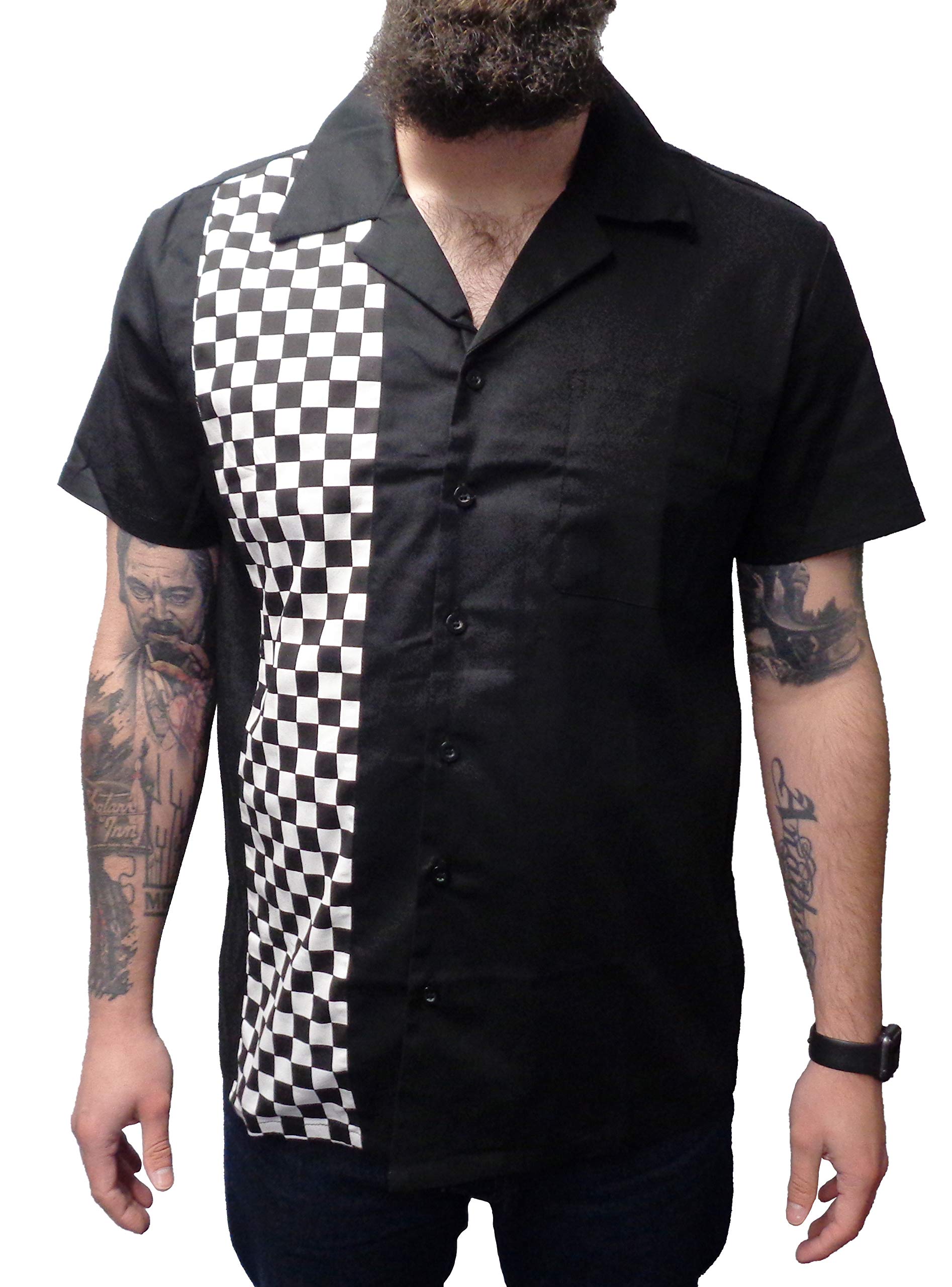Mazeys Retro Rockabilly Bowling Shirts (XX Large, Black/Checkerboard)