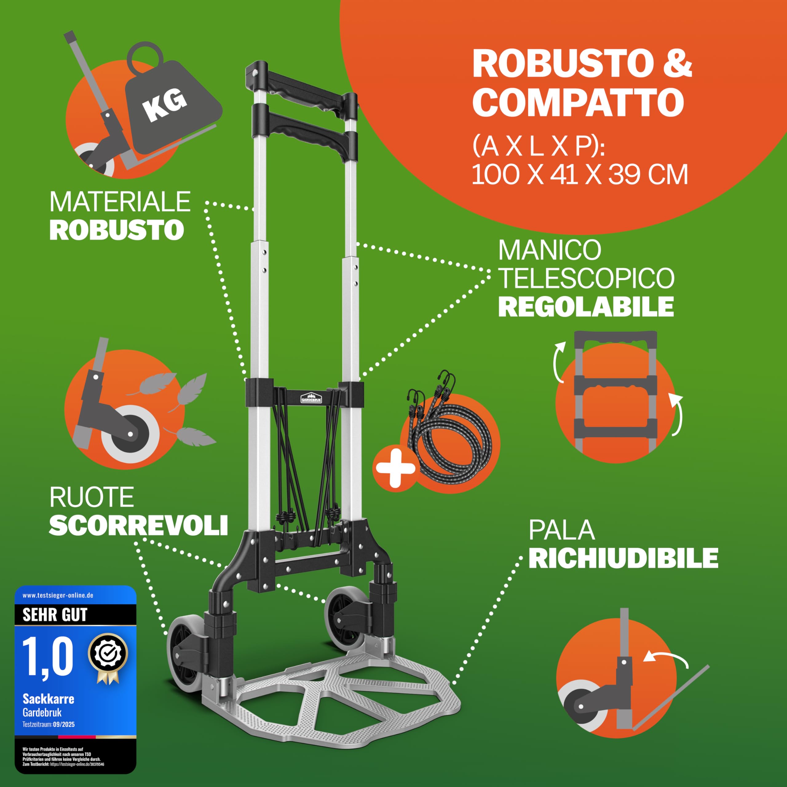 GARDEBRUK® Carrello Portatutto Pieghevole con Ruote in PP Antiforatura 80Kg Alluminio Incl. Guanti 2 Corde Carrellino Portapacchi Trasloco Scatole