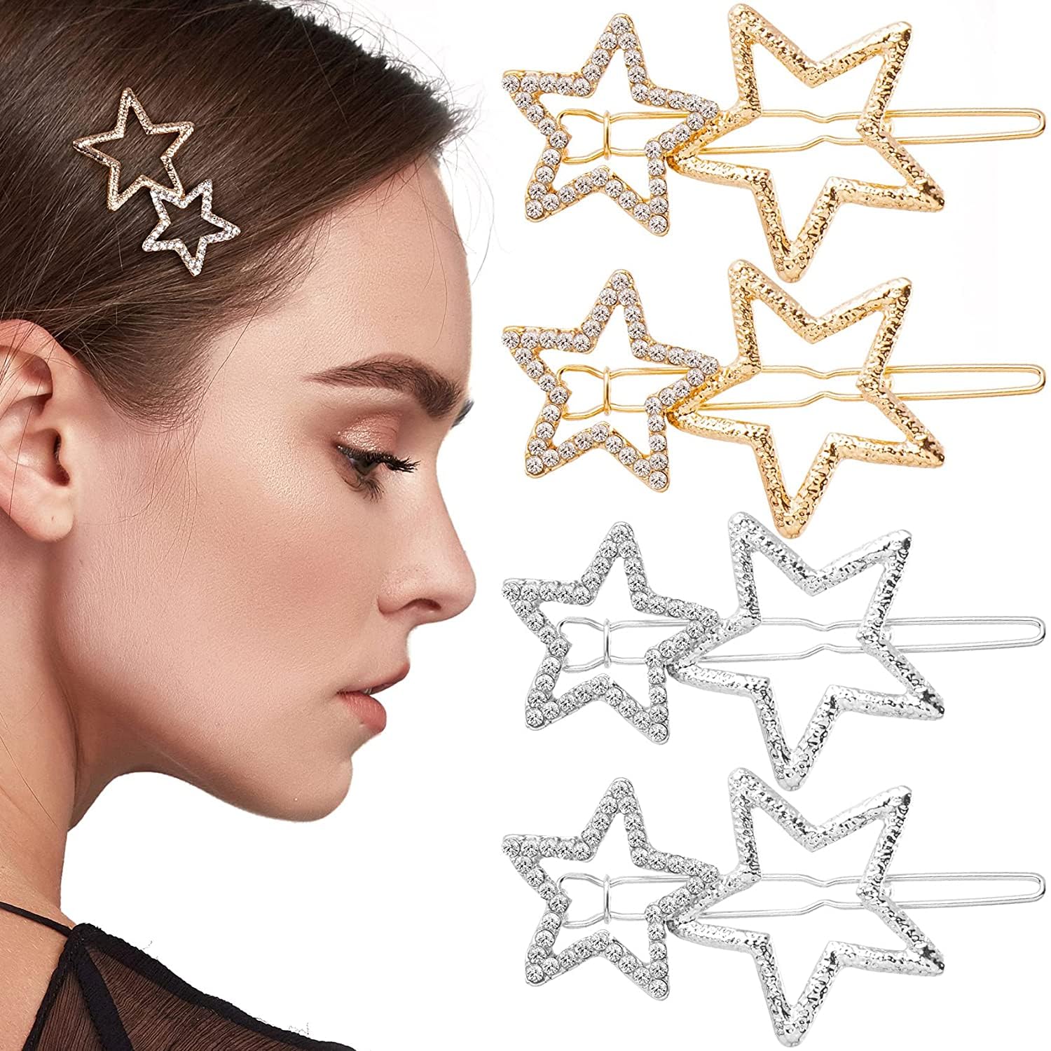 TERRIFI Star Hair Accessories - Metal Star Hair Clips, Barrettes, Rhinestone Hairpins for Women & Girls - Silver & Golden Geometric Designs