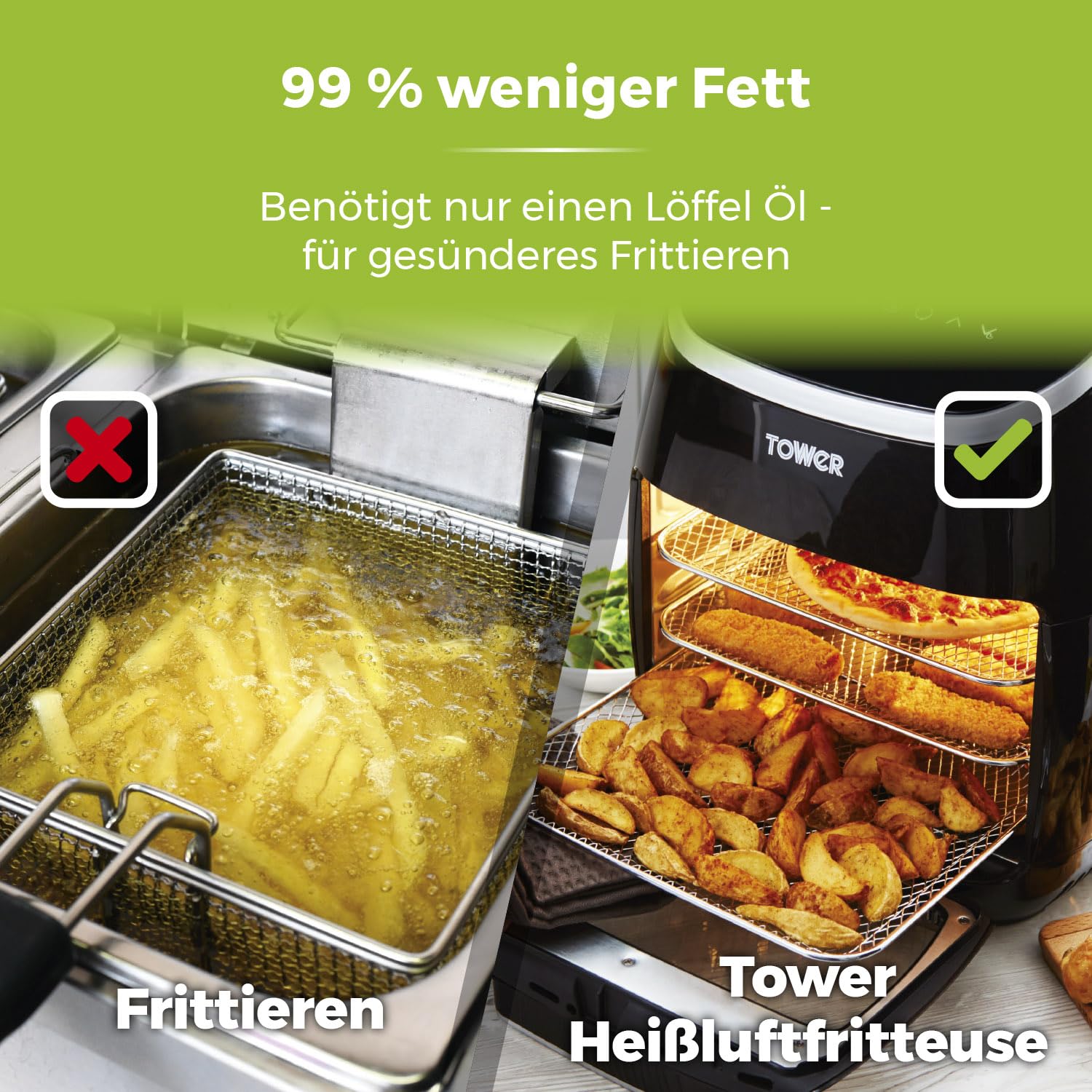 Tower T17039 Xpress Pro 5-in-1 Digitale Heißluftfritteuse mit Schneller Luftzirkulation, 60-Minuten-Timer - Airfryer Heißluftfritteuse XXL 11 l - 2000W - Schwarz