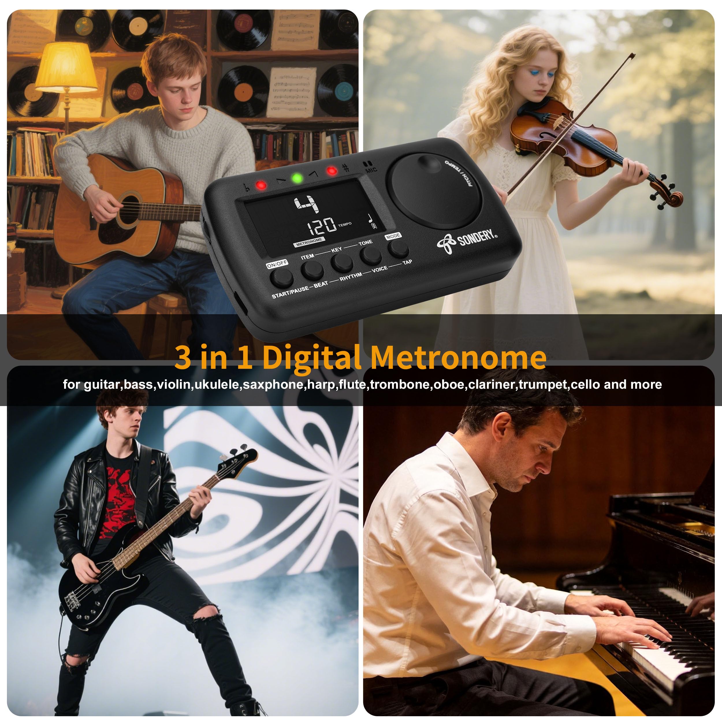 Sondery Digitales Metronom, Stimmgerät und Tongenerator, wiederaufladbar, für Gesang, Blasinstrumente, Gitarre, Bass und Violine