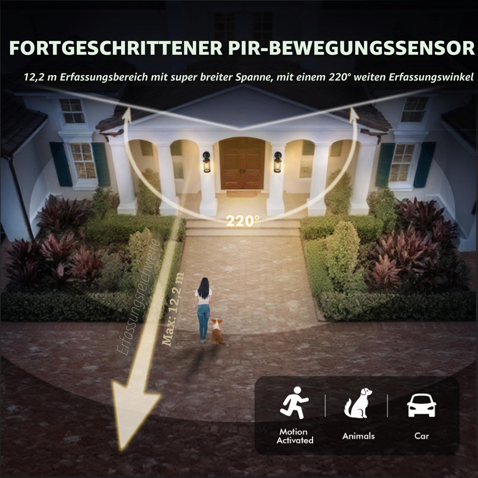 FTL Außenlampe mit Bewegungsmelder, Modern 3 Beleuchtungsmodi Lampe mit Bewegungsmelder Aussen, Wasserdichtes E27 Außenwandleuchte, Ausenbeleutung Hauswand für Terrasse, Veranda, Mattschwarz