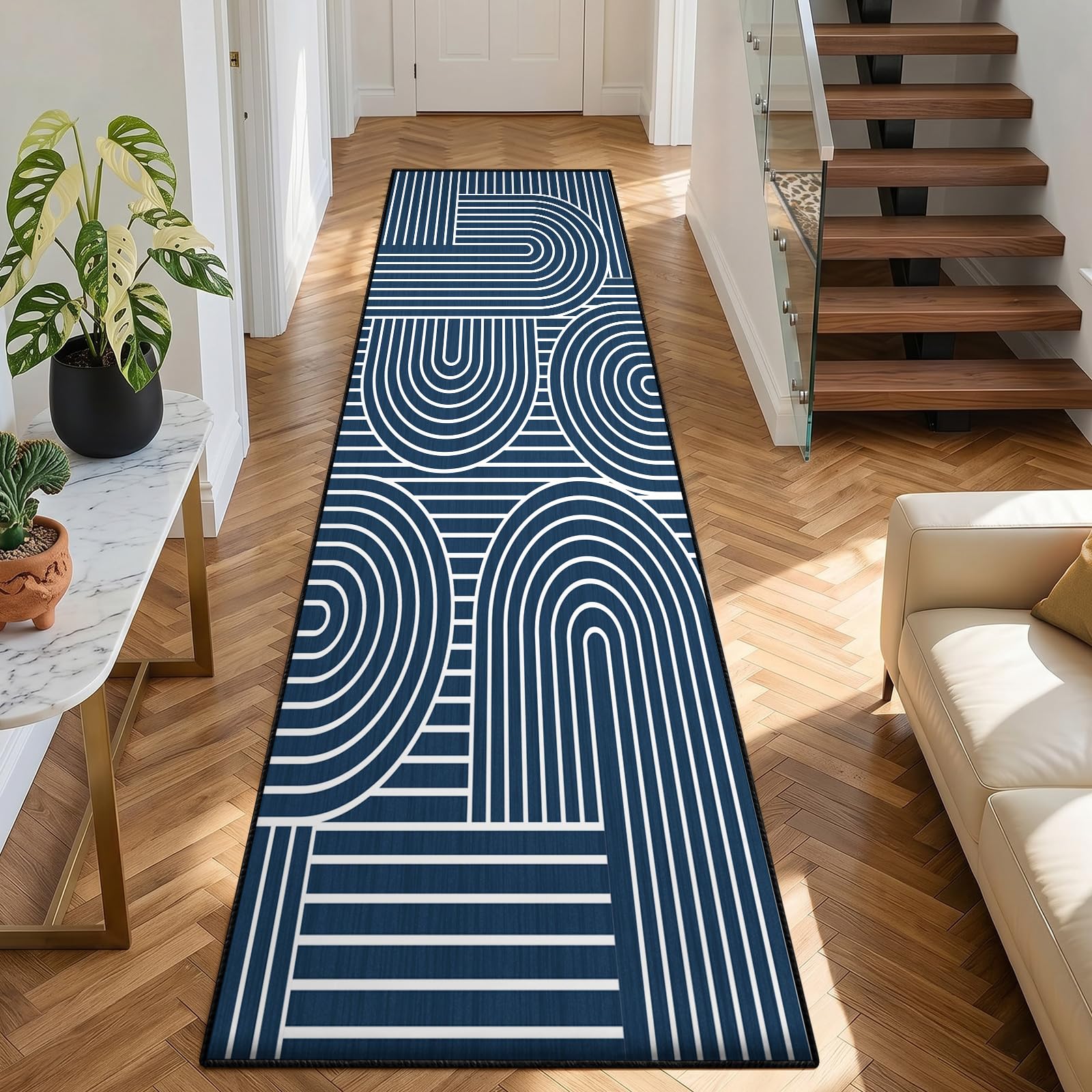 Modern Abstract Geometric Rugs for Kitchen 60x180cm, Mid-Century Carpet Runner, Navy Blue Long Carpet, Soft Cozy Reduce Noise Washable Short Pile Rug for Laundry Bedroom Decor Door Mat