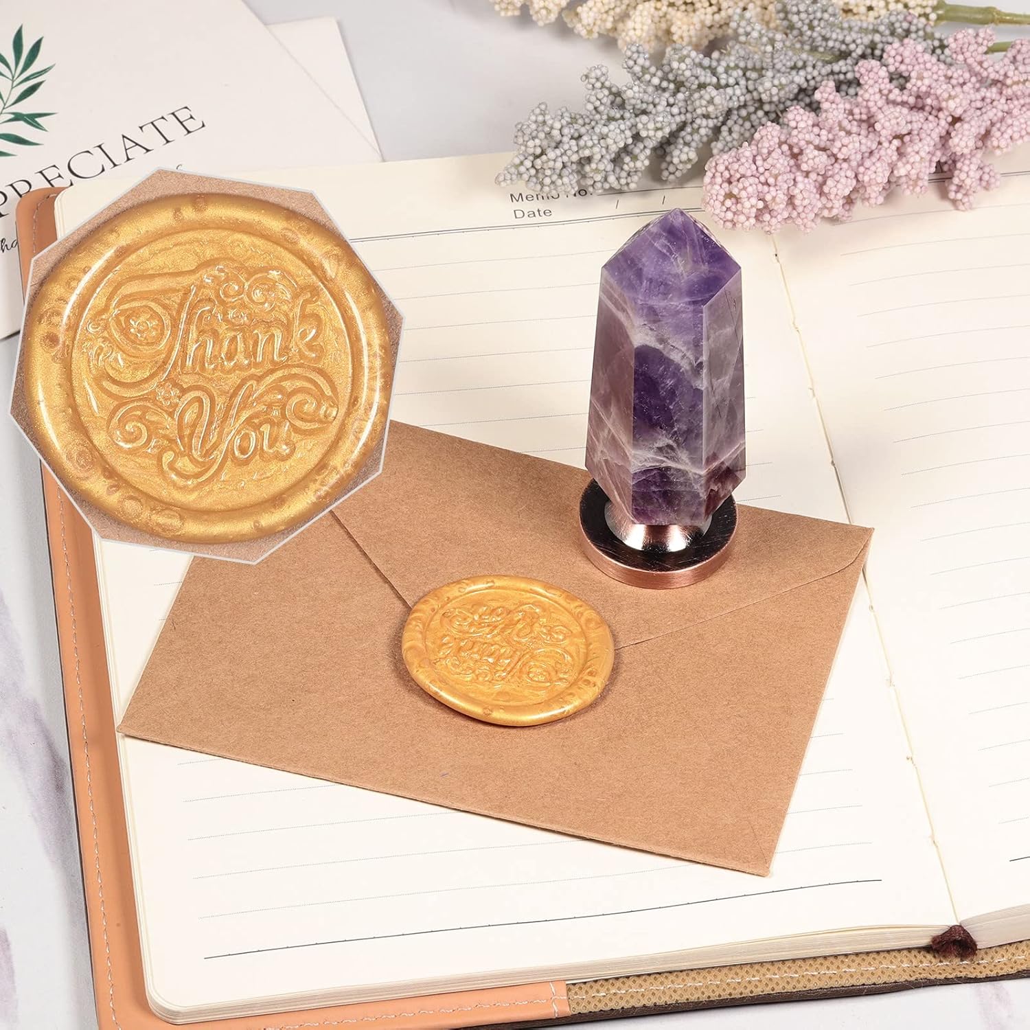 Amogeeli Faceted Amethyst Crystal Wax Seal Stamp for Wedding Invitations Envelope Crafts, Hexagonal Pointed Prism Stone Stamp Handle with Removable Copper Stamp Head, Thank You