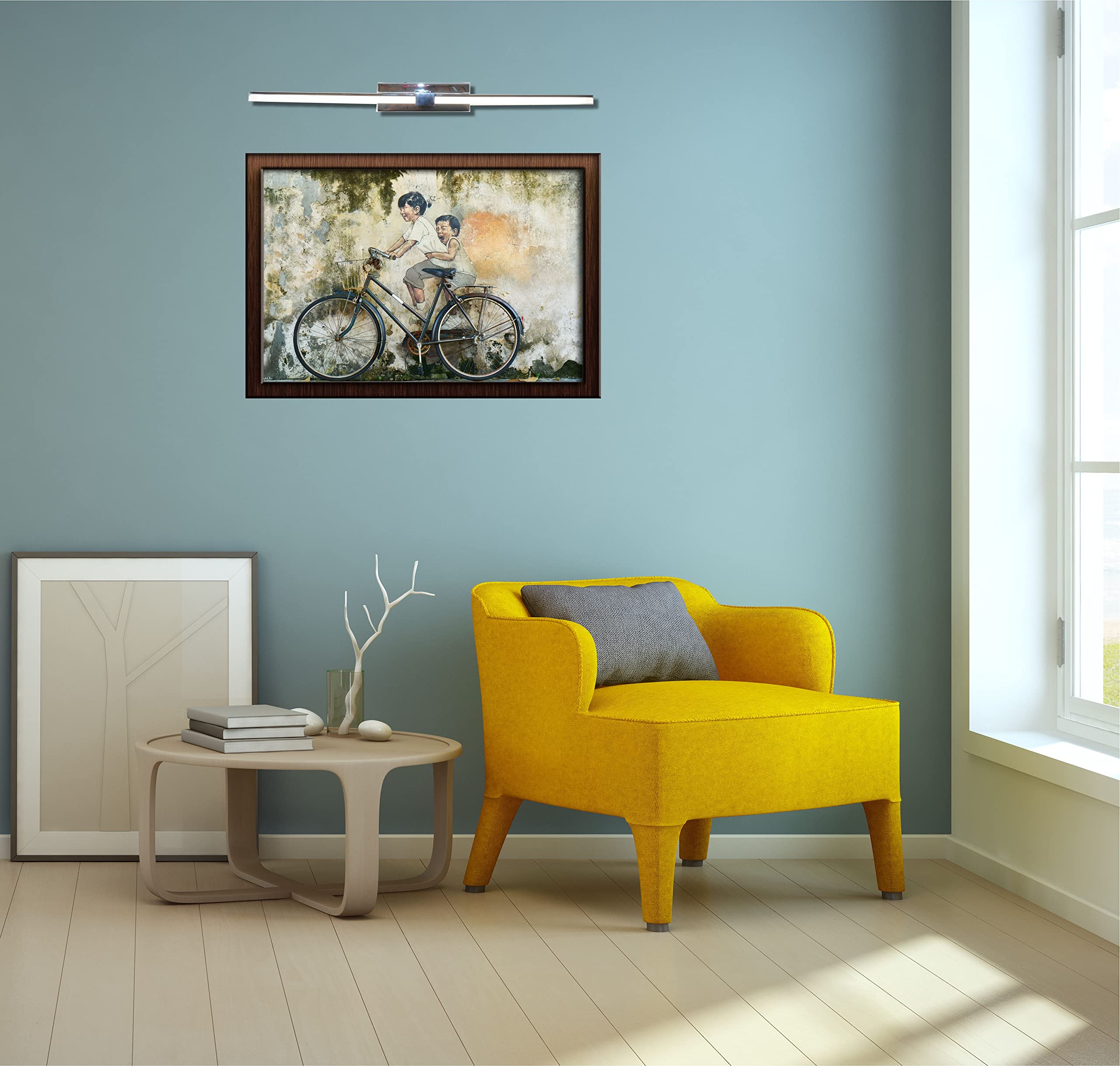 Aplique LED de pared para iluminar cuadros y espejos, led 20W y 2000 lúmenes estilo contemporáneo y elegante,IP44, luz blanca neutra 4000K, cromo brillo 53cm.
