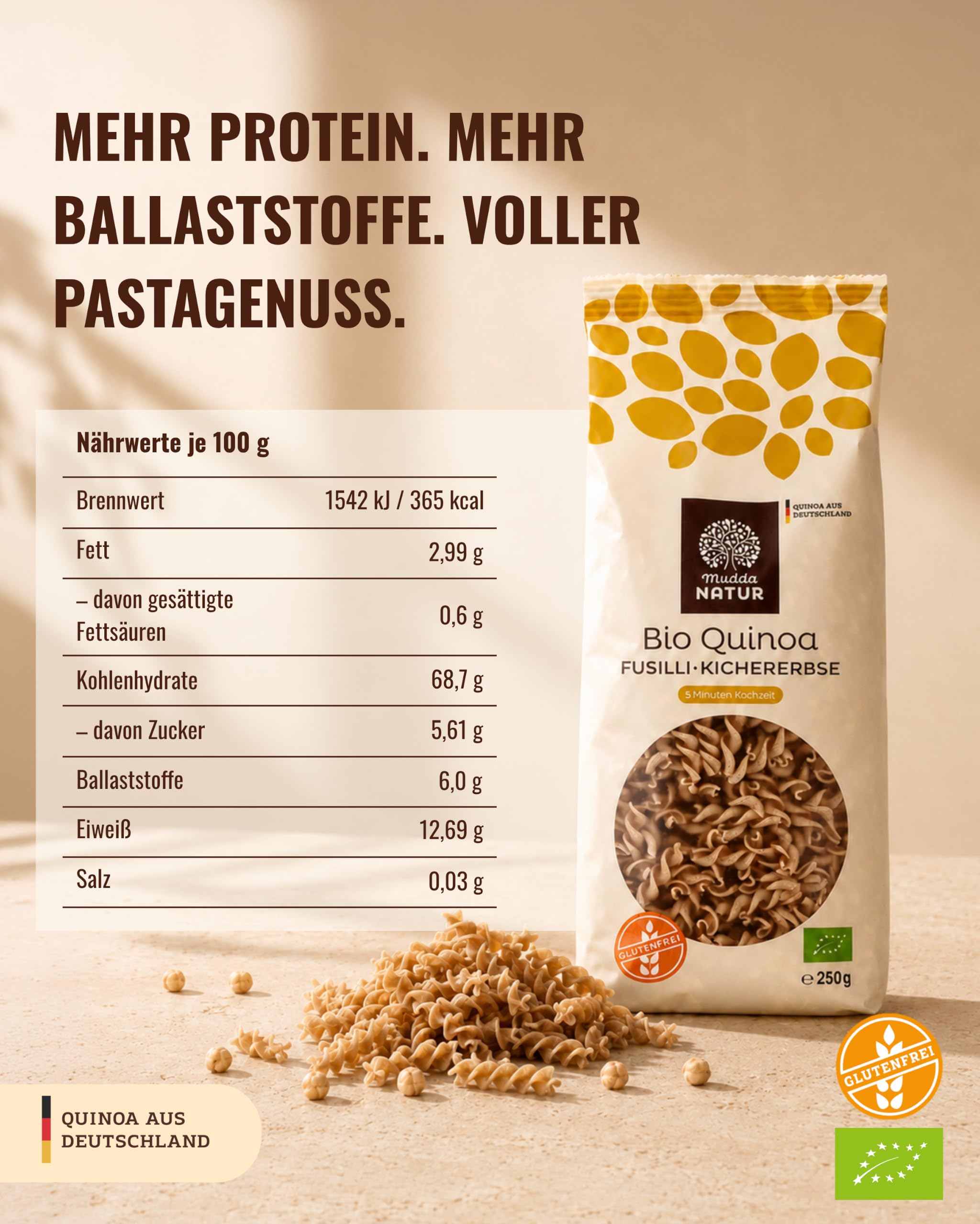 Mudda Natur Bio Quinoa Kichererbsen Fusilli 12x250g aus Deutschland