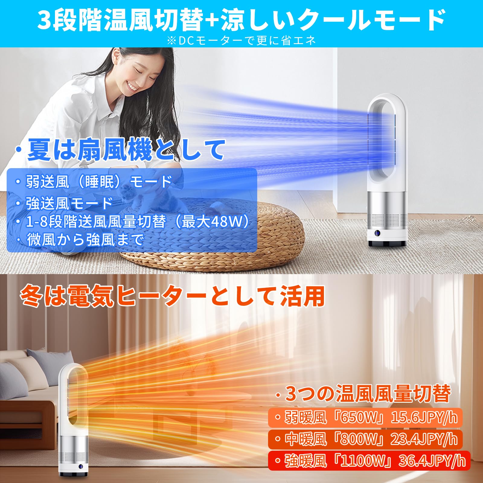 Holiwil タワー型セラミックファンヒーター ホワイト ヒーター 人感センサー付き セラミックファンヒーター タワー型