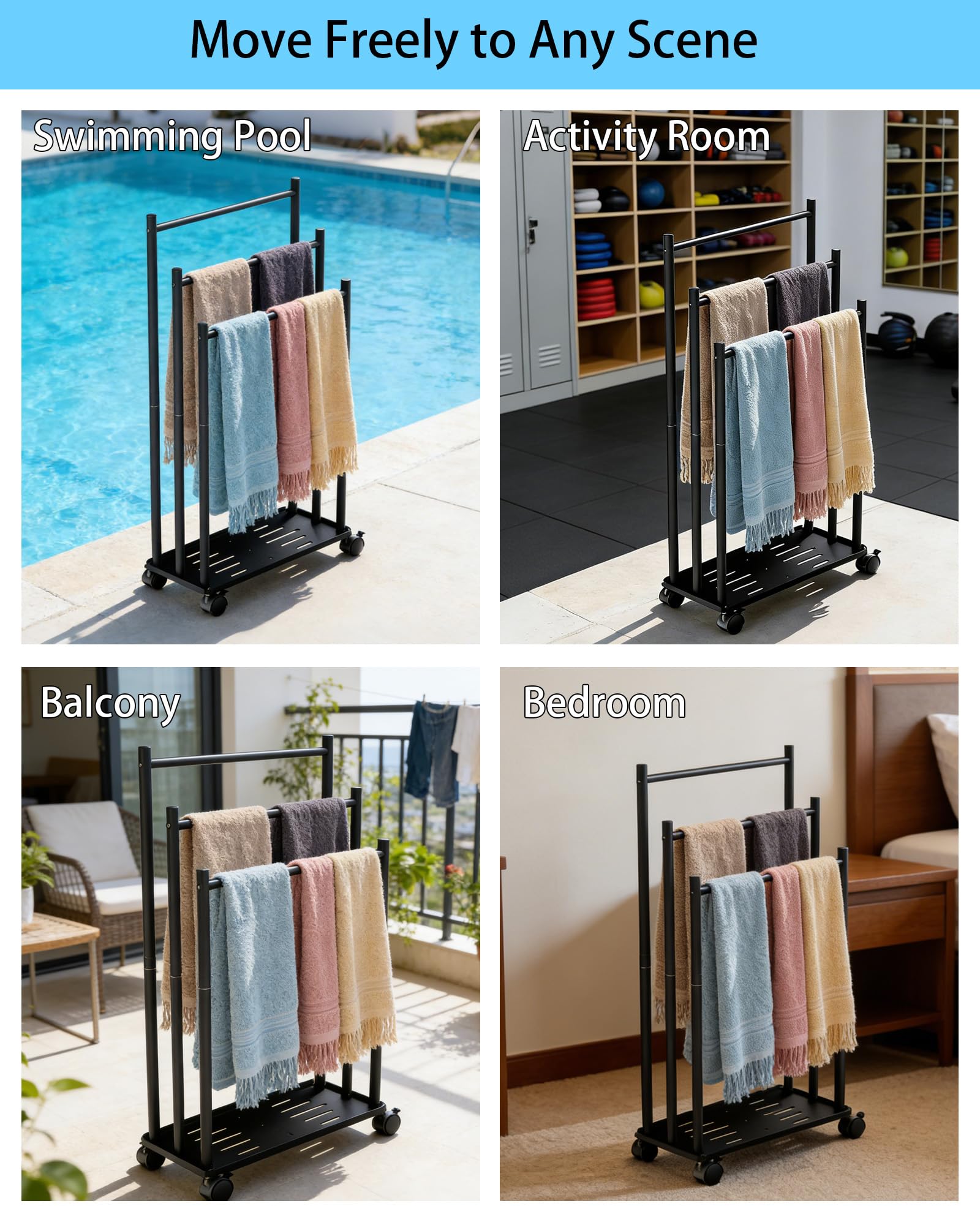 Toallero de Pie de 3 Niveles, Toallero Escalera con Estante y Ruedas, Ahorra Espacio, Material Metálico, Toallero de Piscina para Exteriores, para Baños, Salón, Negro