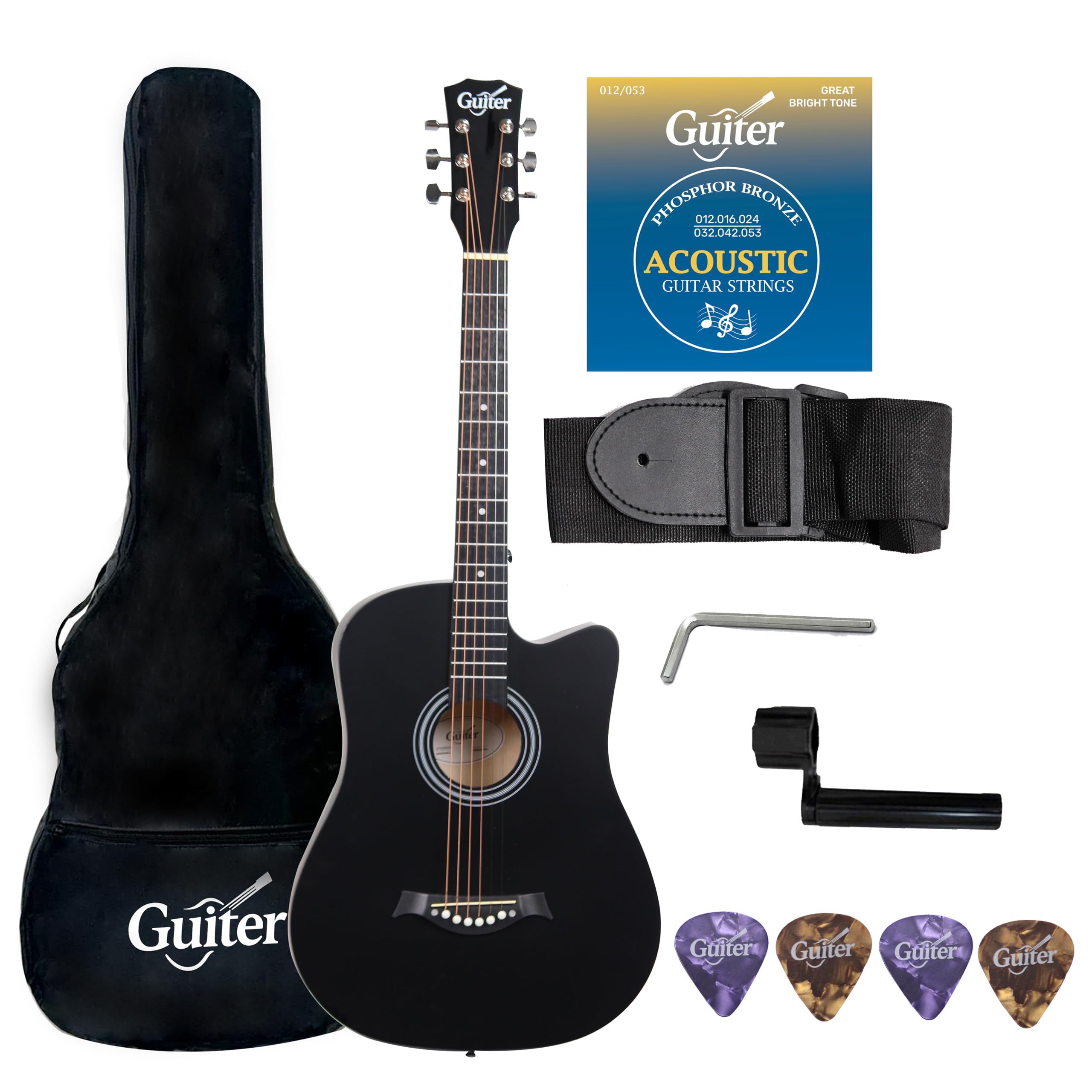 Guiter OTG 38-inch Acoustic Guitar Starter Kit, Black, 6-String
