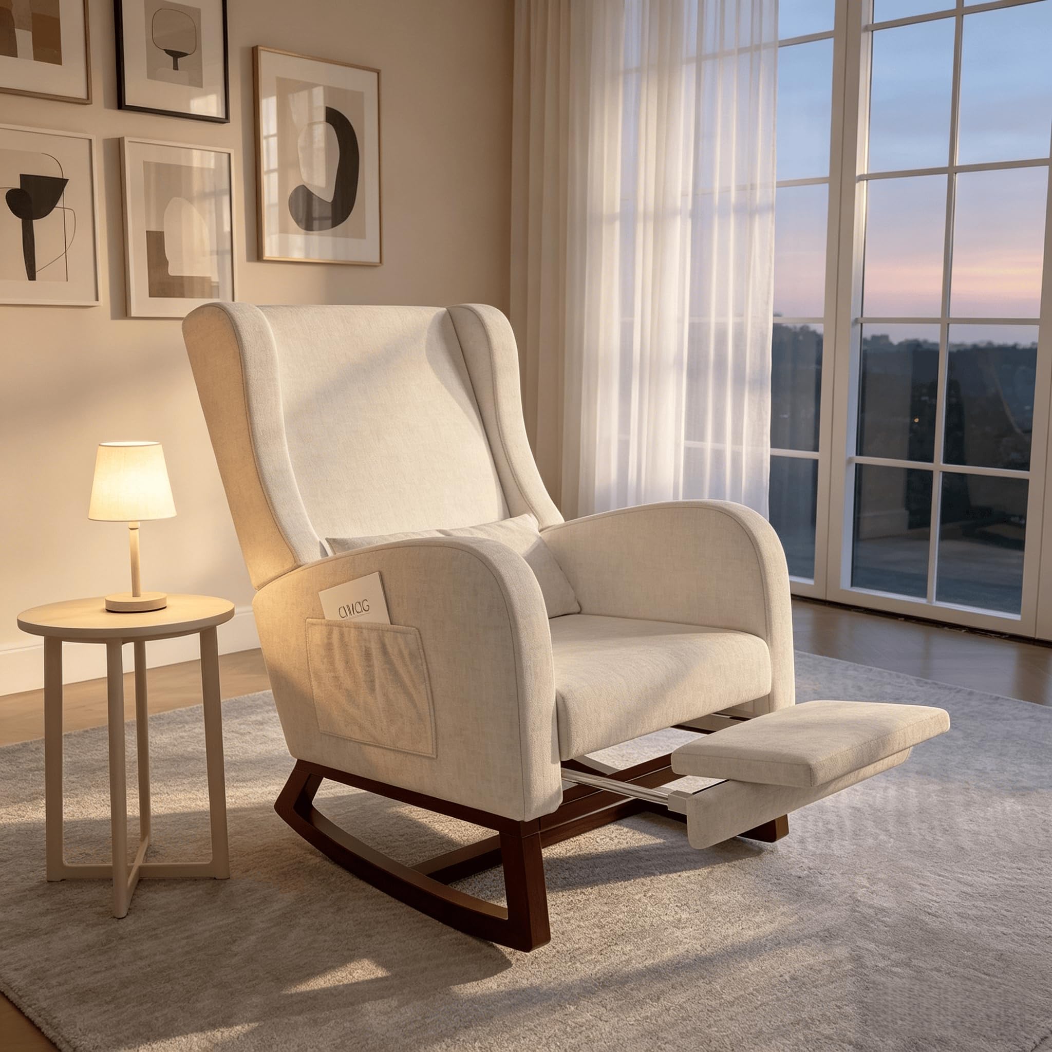 Poltrona a Dondolo Ergonomica, con Braccioli e Tasche Laterali, Sedia da Allattamento con Cuscini, Struttura in Legno Massello, Chaise Longue per Soggiorno o Camera da Letto (Beige)