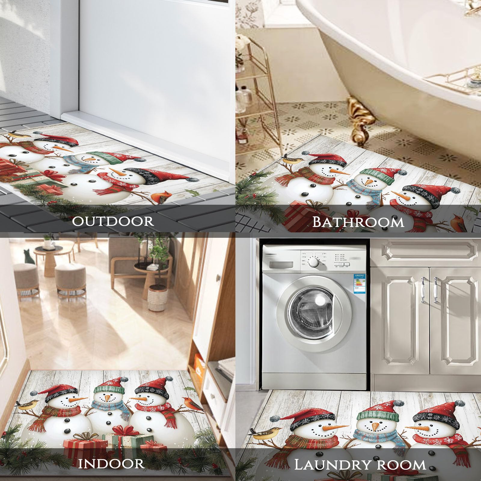 Tapis Bonhomme Neige Noël Peint À La Main 90X150Cm En Fausse Laine Beige Pour Salle De Bain Cuisine, Petit Paillasson D'Entrée D'Intérieur, Effet Bois Vieilli, Tapis De Sol Antidérapant Lavable