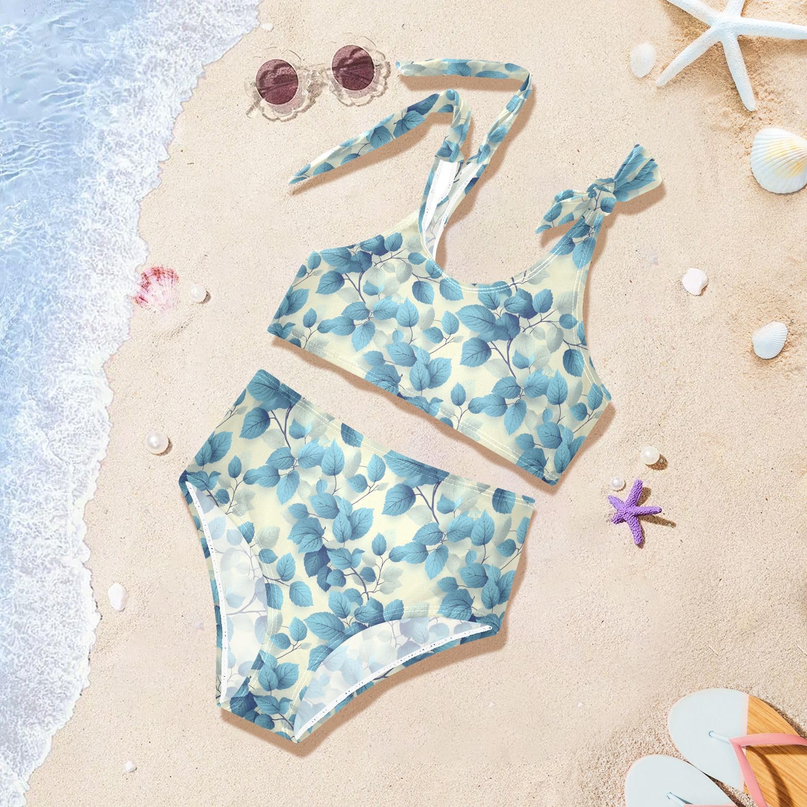 Blues Leaves Girls Two Piece Tankini Swimsuits Summer Bathing Suit Beach Swimwear Set, 4T