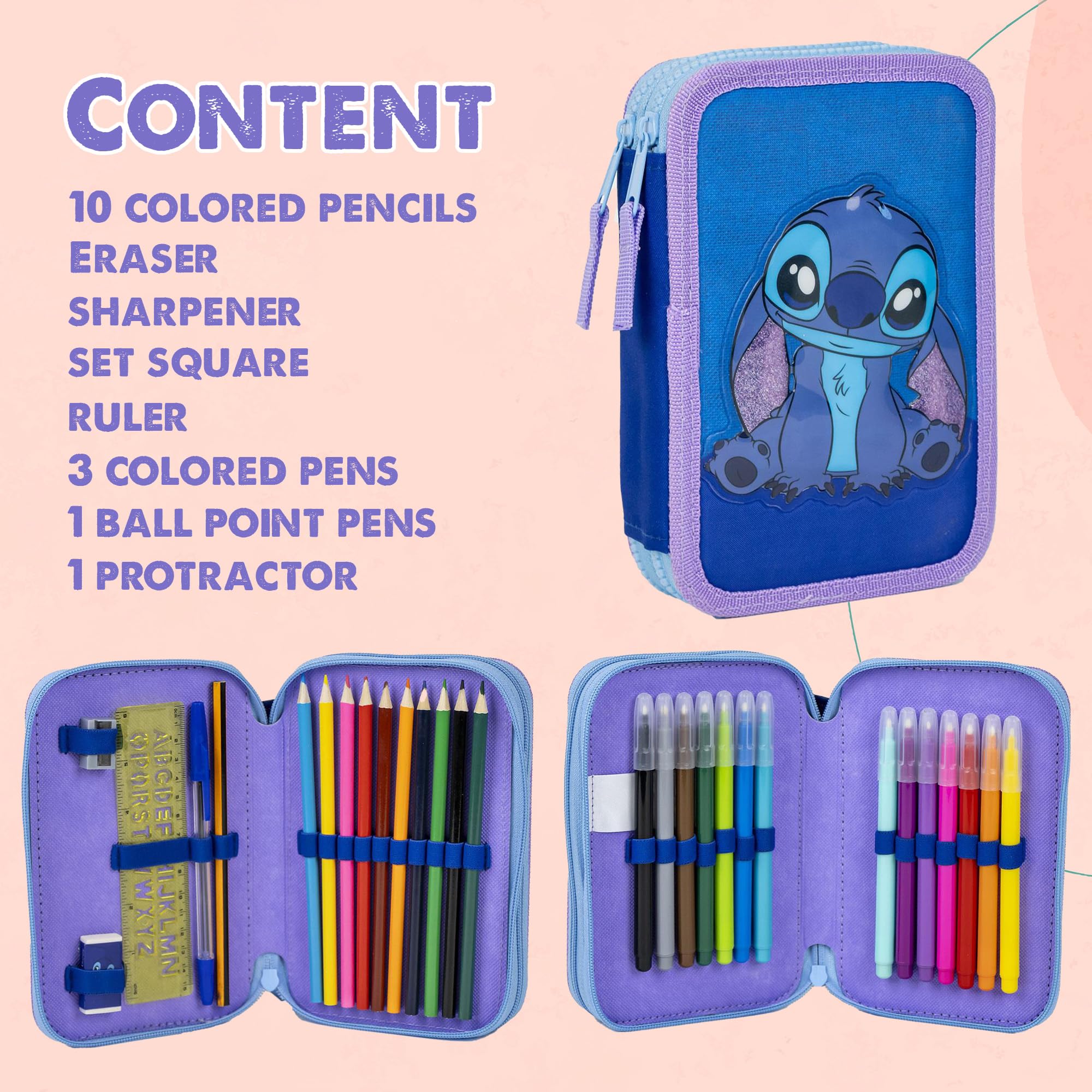 Disney Stitch Filled Pencil Case with School Supplies Kids Stationary Colouring Pencils Markers Gift for Girls (2 Compartments) - Image 2